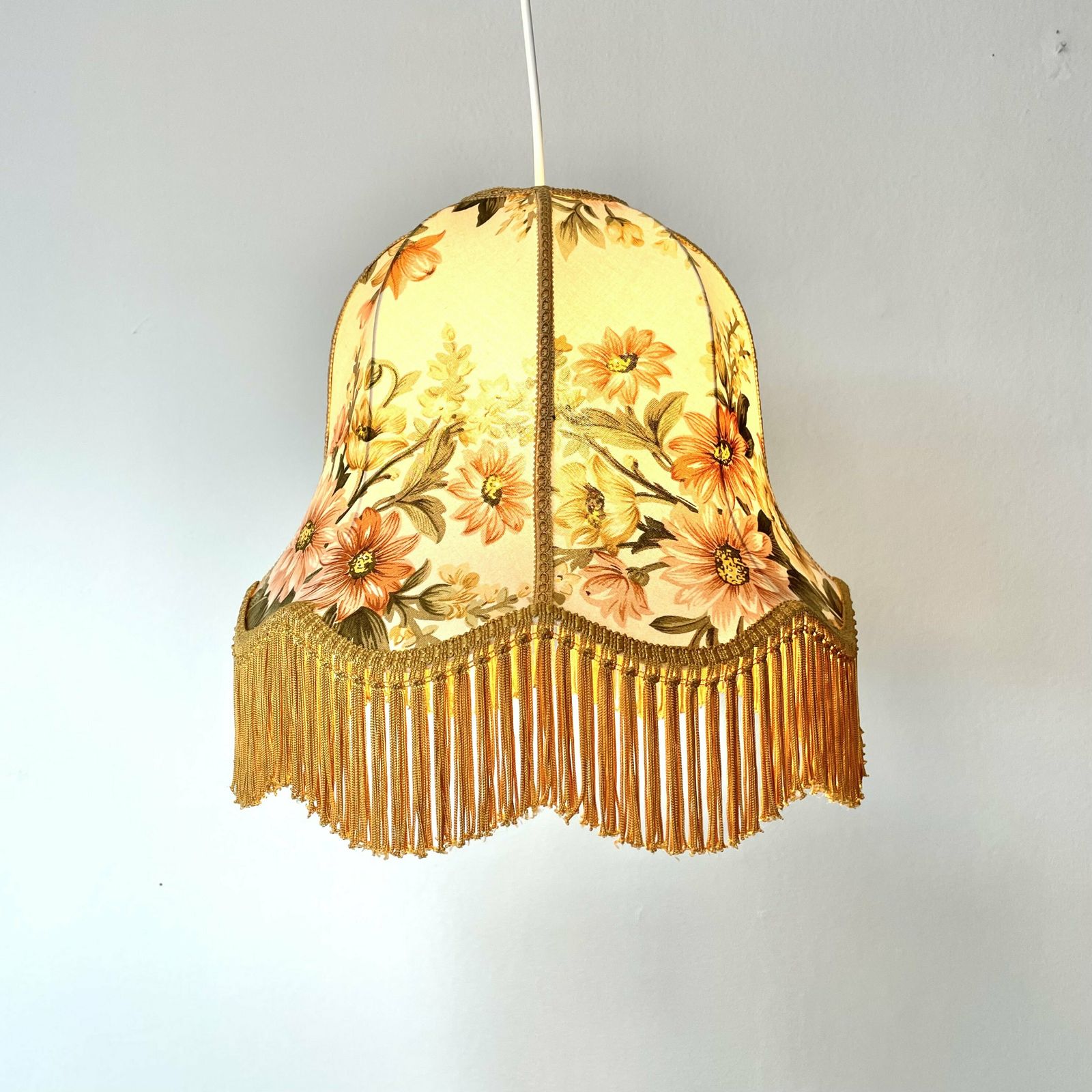 Beautiful Danish Vintage Ceiling Lamp From The 1950s With Flower Patternes Fabric Shade And Golden Fringes