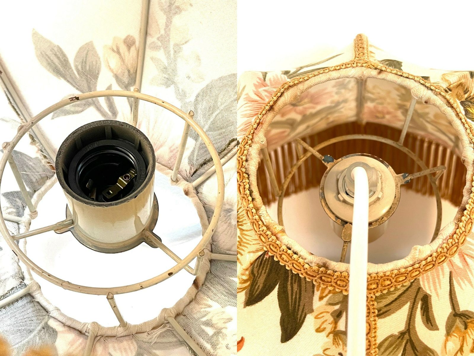 photo for sale Beautiful Danish Vintage Ceiling Lamp From The 1950s With Flower Patternes Fabric Shade And Golden Fringes