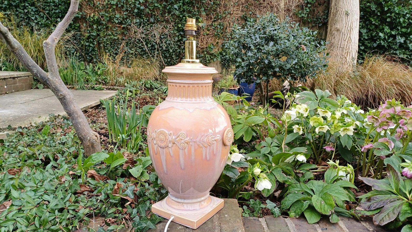 Huge Heavy Ceramic Lamp Glazed Pottery Lustre Finish And Glaze. Pleated Silk Effect Lampshade. photo 295.0