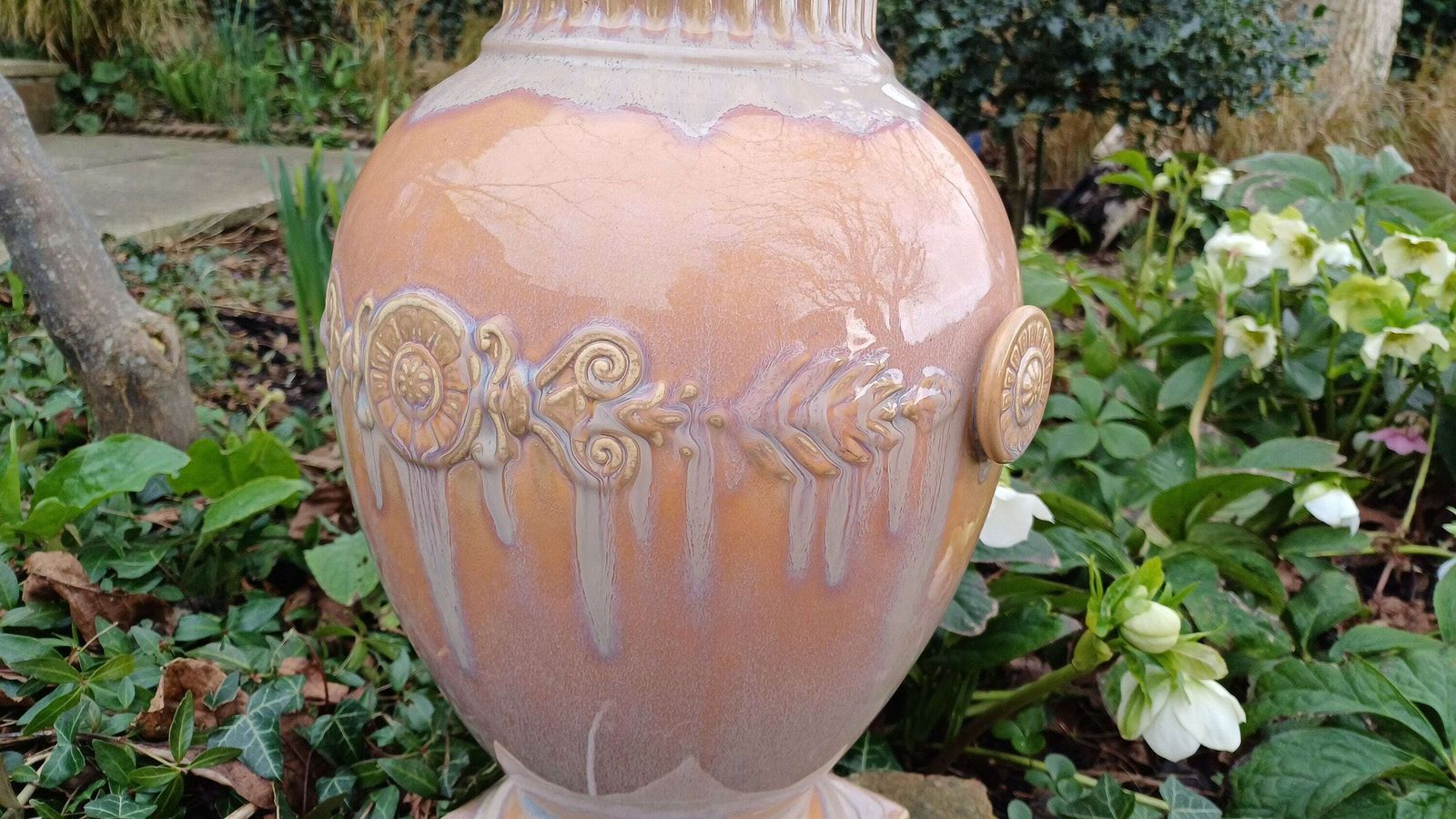 Huge Heavy Ceramic Lamp Glazed Pottery Lustre Finish And Glaze. Pleated Silk Effect Lampshade. photo buy