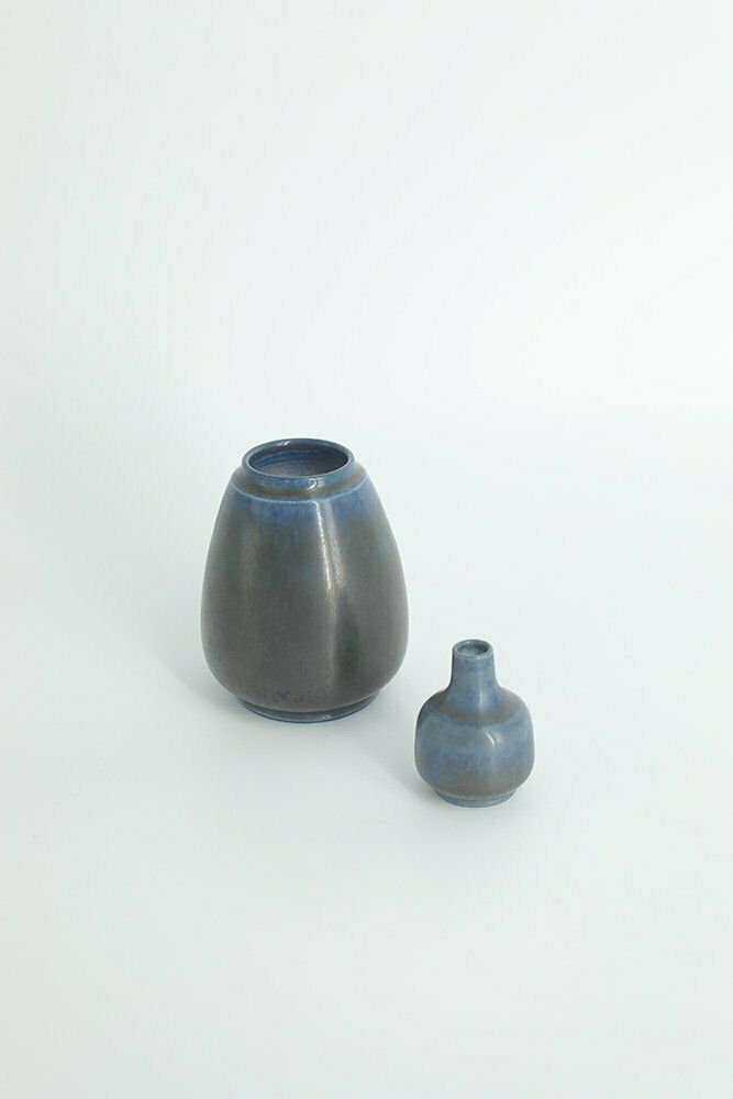 Small Mid Century Scandinavian Modern Collectible Blue & Brown Stoneware Vase By Gunnar Borg For Gunnars Keramik Höganäs, 1960s, Set Of 4 photo Home Decor