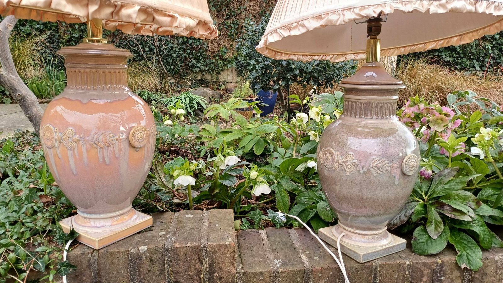 Pair Of Huge Heavy Ceramic Lamp Lamps Glazed Pottery Lustre Finish And Glaze. Pleated Silk Effect Lampshades. photo 595.0