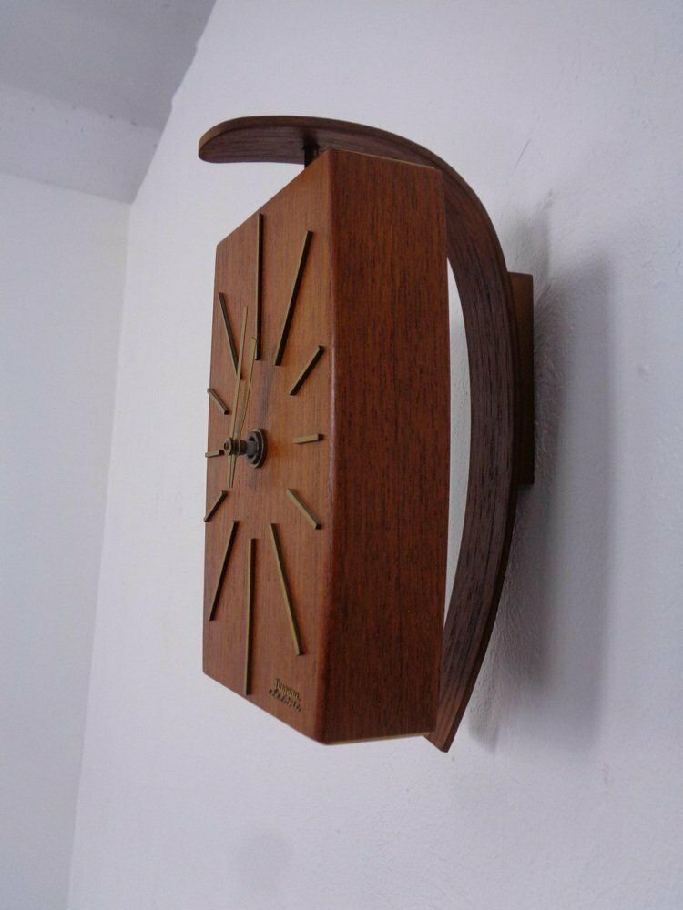 Teak & Brass Dugena Electric Wall Clock, Germany, 1960s photo for sale