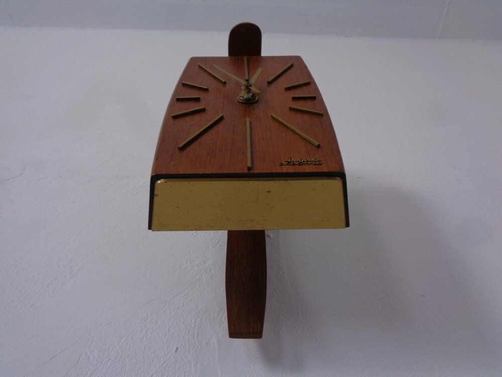 Teak & Brass Dugena Electric Wall Clock, Germany, 1960s photo vintage