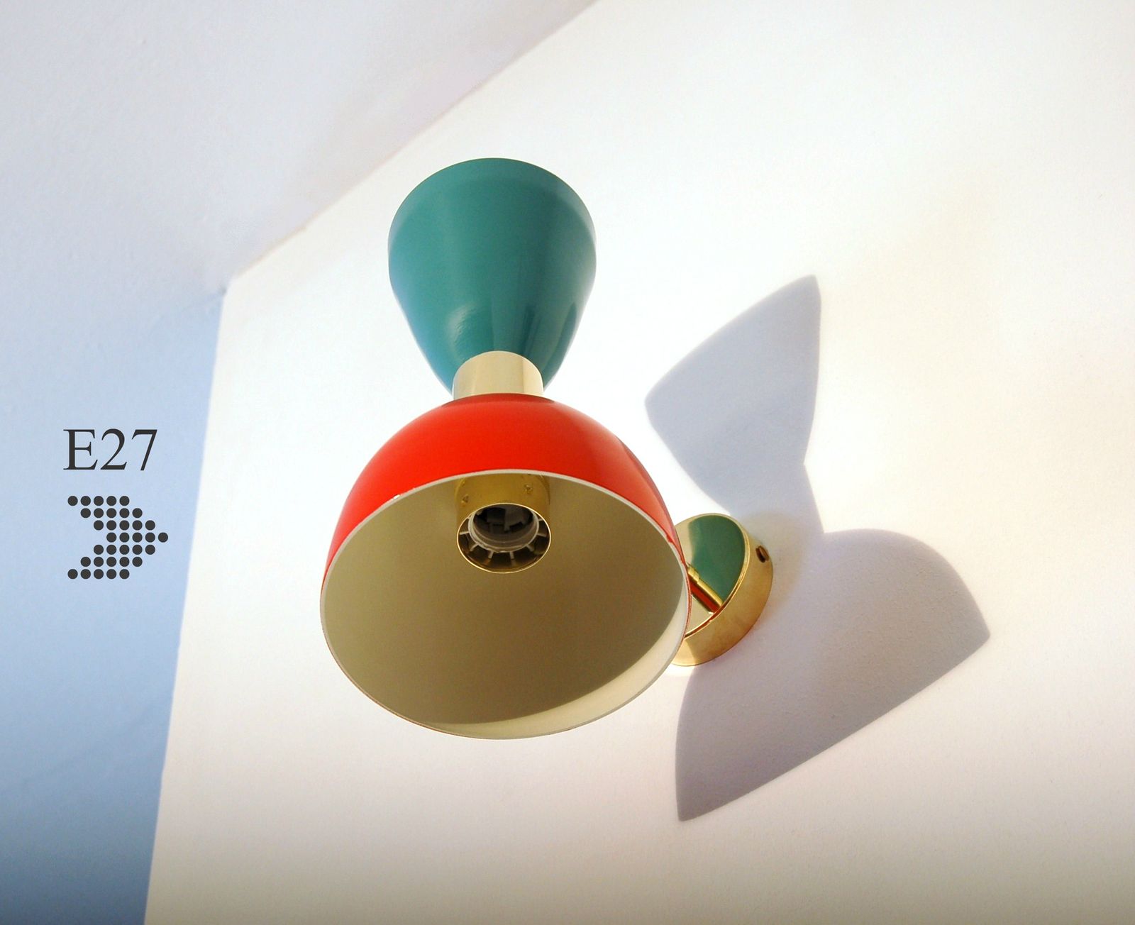 Pair Of Applique / Wall Lamp Metal And Brass Red / Green Style '50 photo for sale