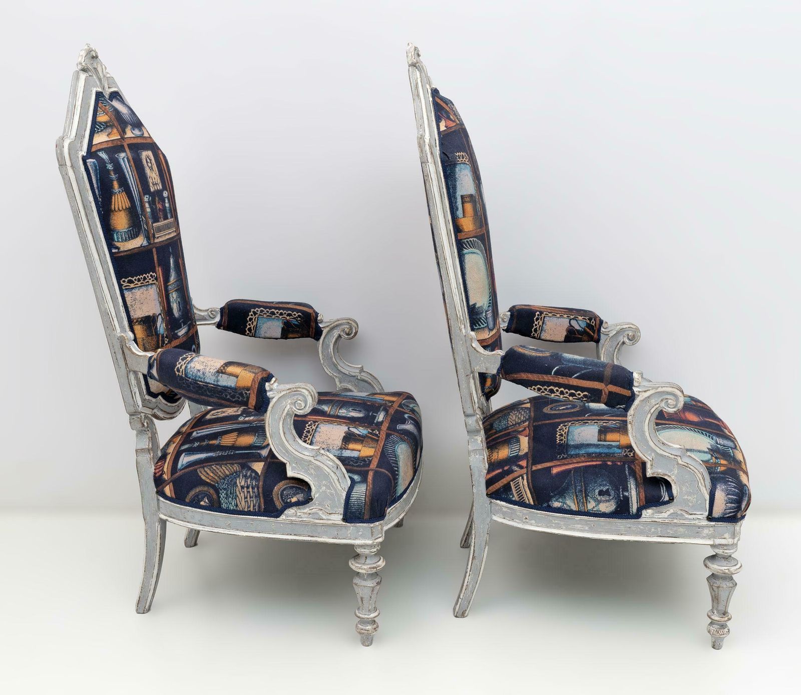 Pair Of Italian Neoclassical Armchairs With Fornasetti Linen Fabric photo buy