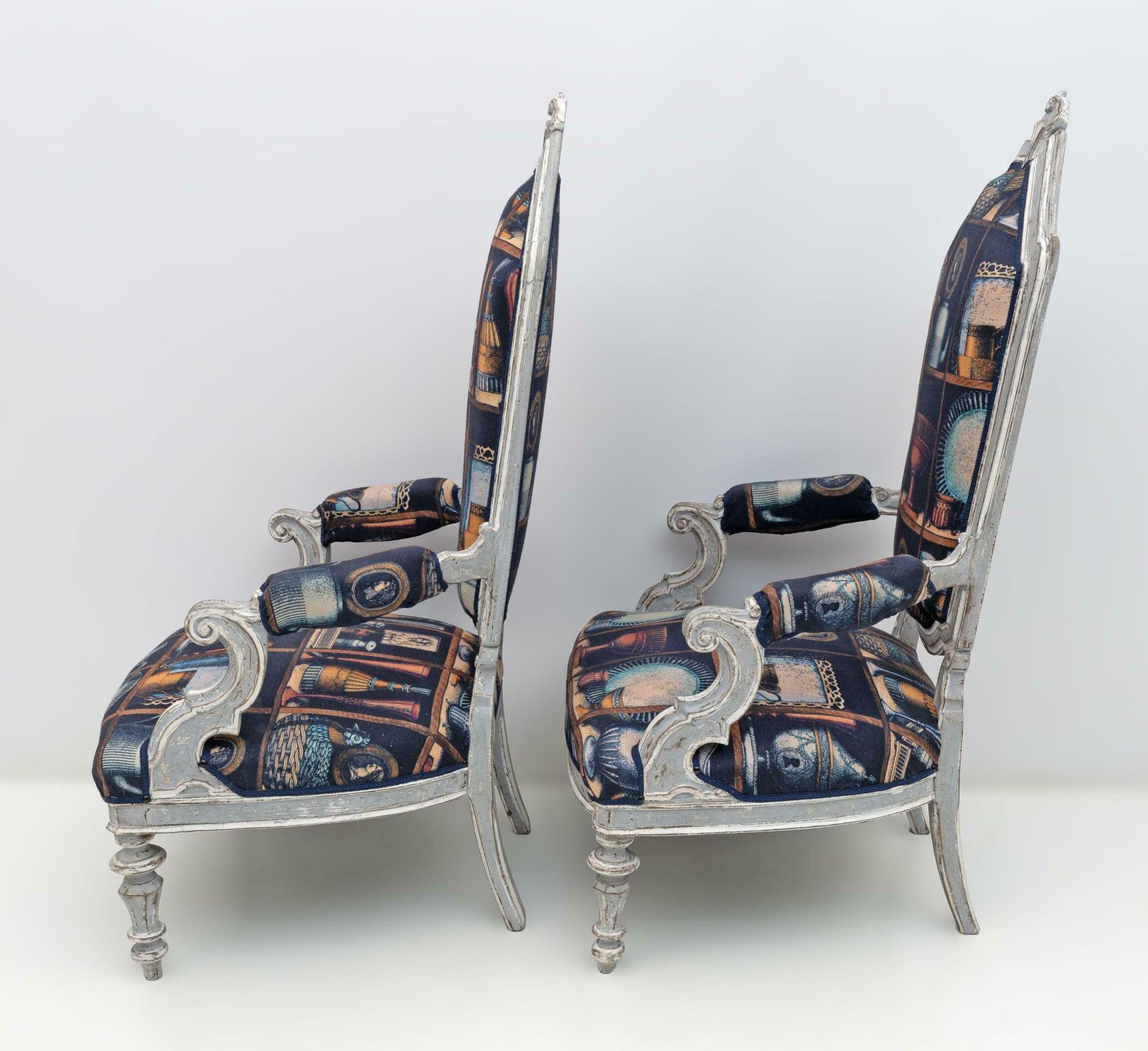photo furniture Pair Of Italian Neoclassical Armchairs With Fornasetti Linen Fabric