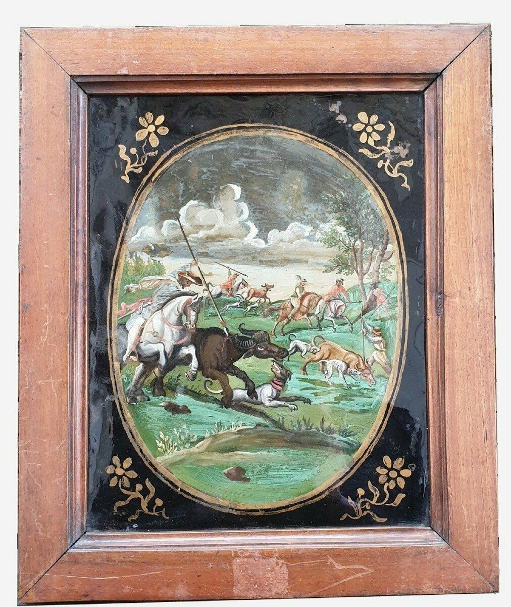 The Buffalo Hunt, Fixed Under Glass, Indo Portuguese? 18th Century