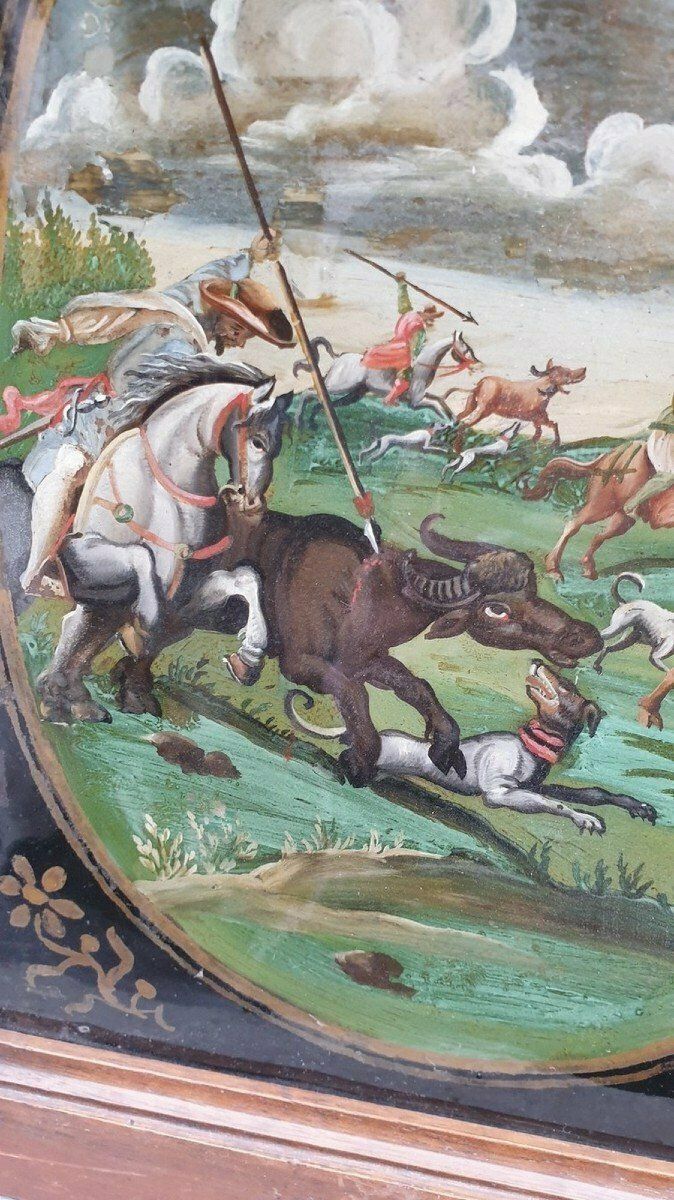 The Buffalo Hunt, Fixed Under Glass, Indo Portuguese? 18th Century photo furniture