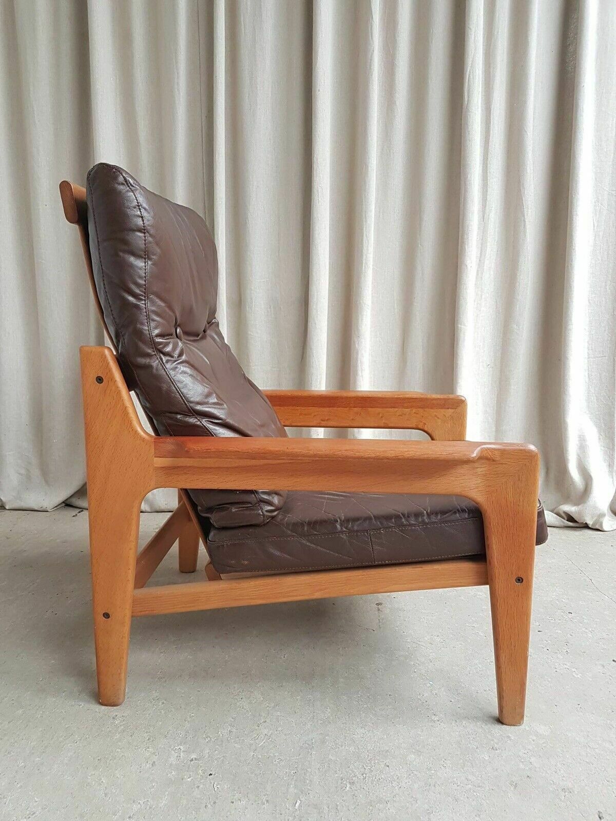 Vtg Mid Century Danish Oak Leather Lounge Arm Chair By Komfort Scandi photo 920.0