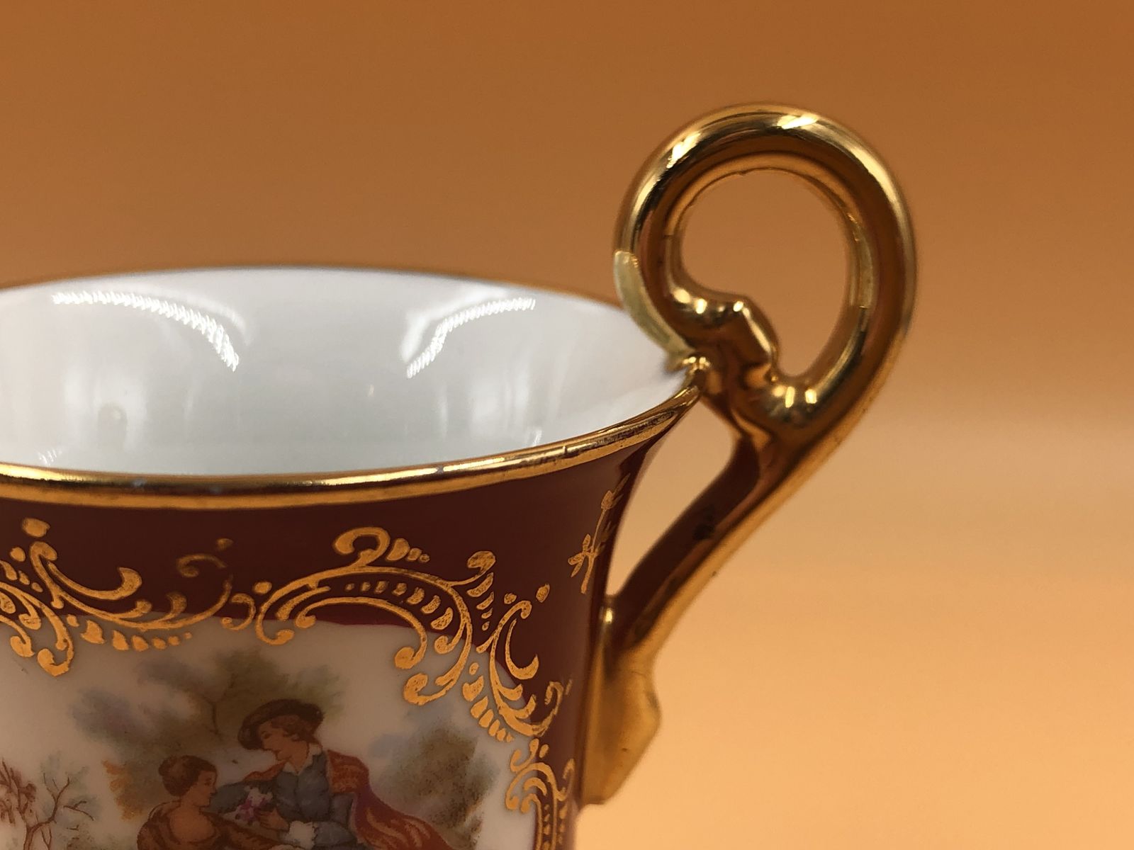 Giraud Limoges Porcelain Fragonard Courting Couple Demitasse / Chocolate Cup And Saucer Duo. photo vinterior