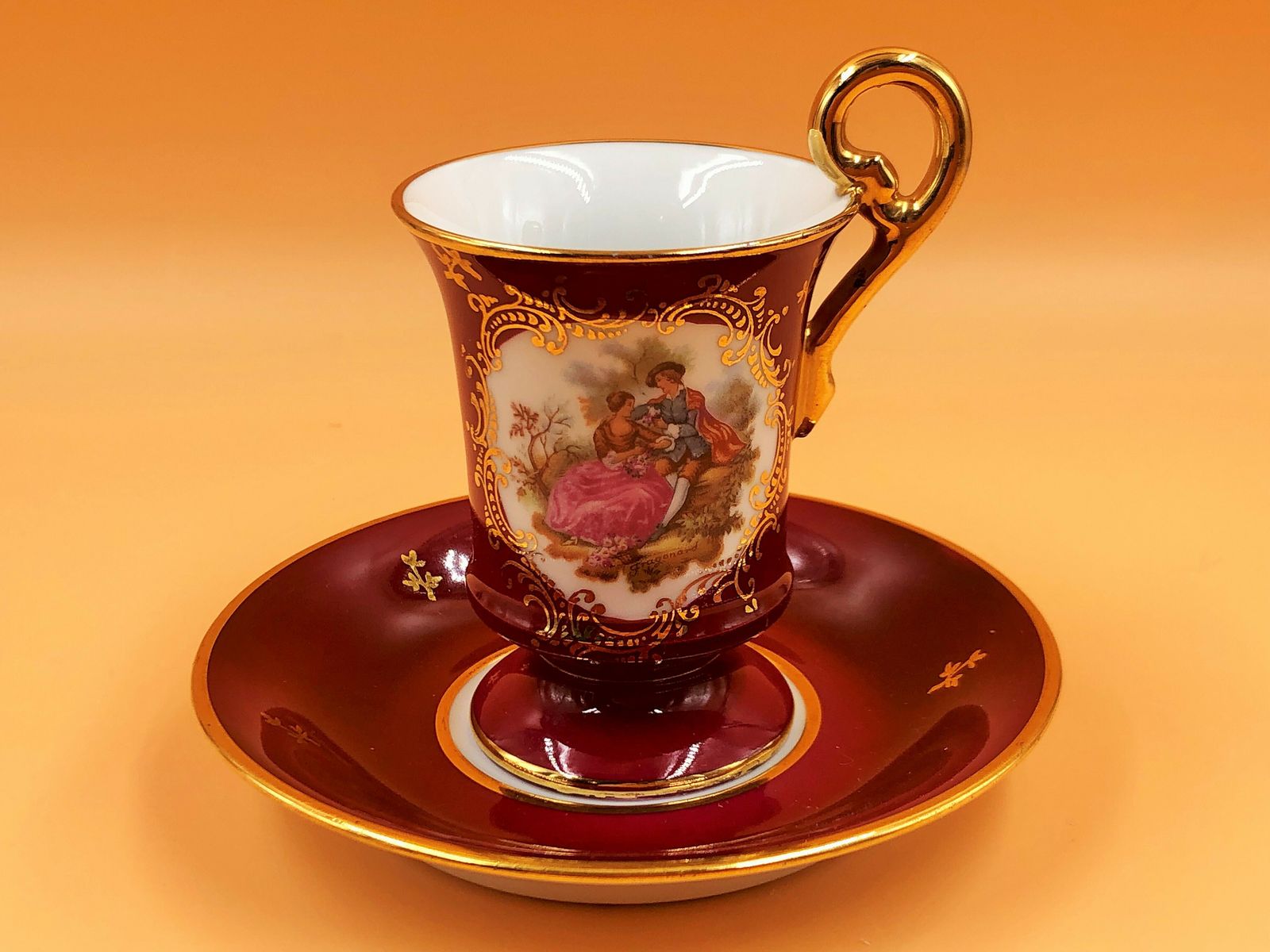 Giraud Limoges Porcelain Fragonard Courting Couple Demitasse / Chocolate Cup And Saucer Duo. photo vintage