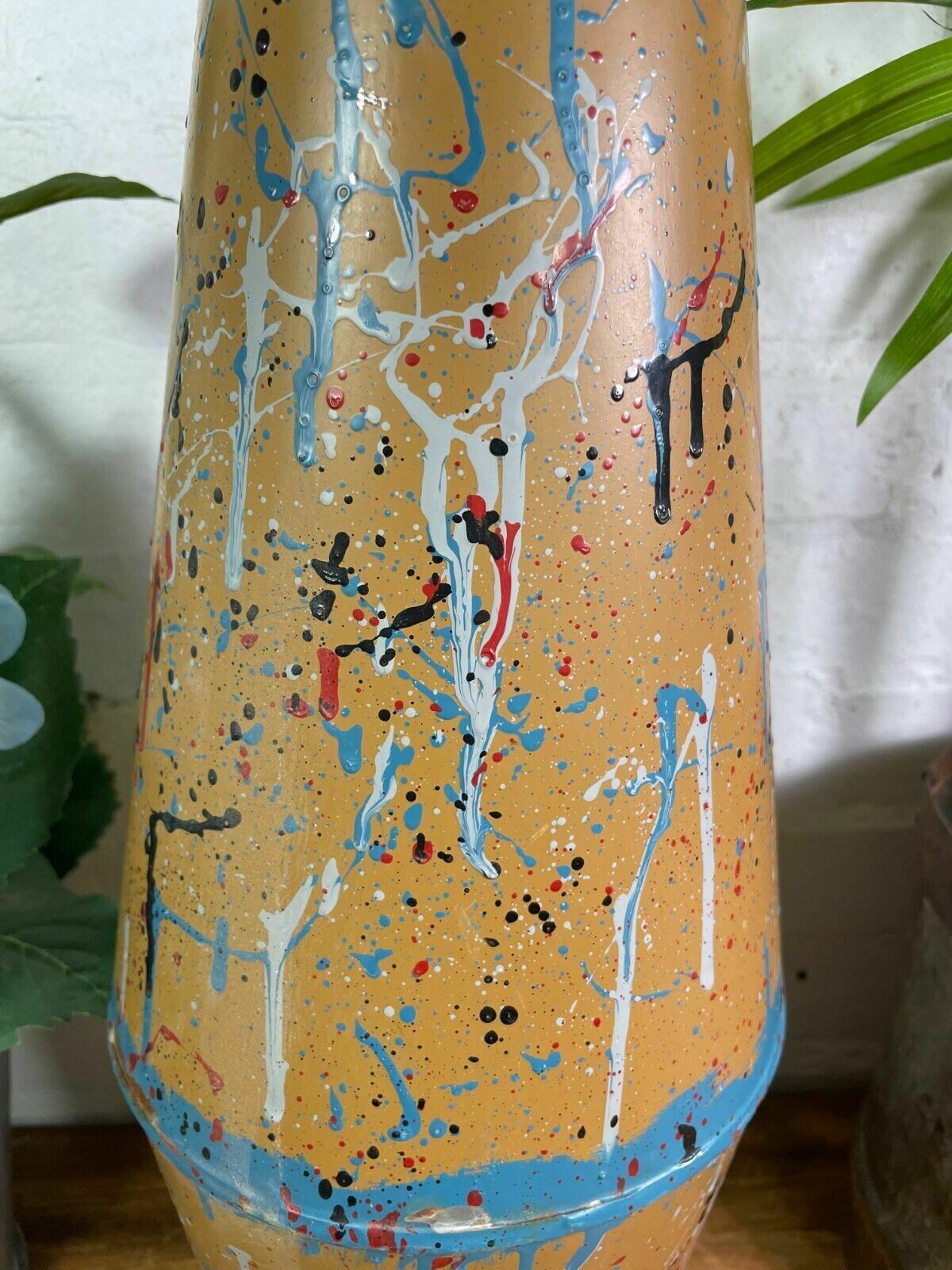Large Vintage Hungarian Retro Mid Century Hand Painted Metal Vase photo for sale
