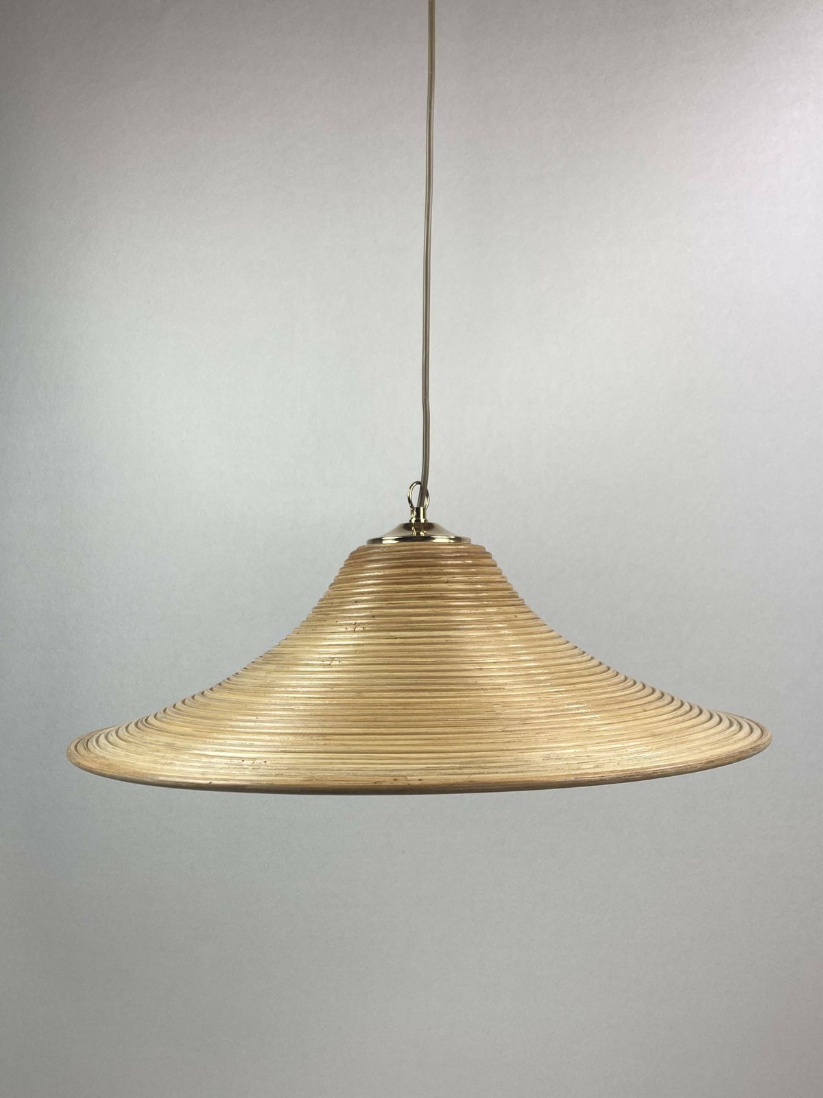 photo for sale Pencil Split Reed, Rattan, Bamboo & Brass Pendant Hanging Lamp, Italy, 1970s