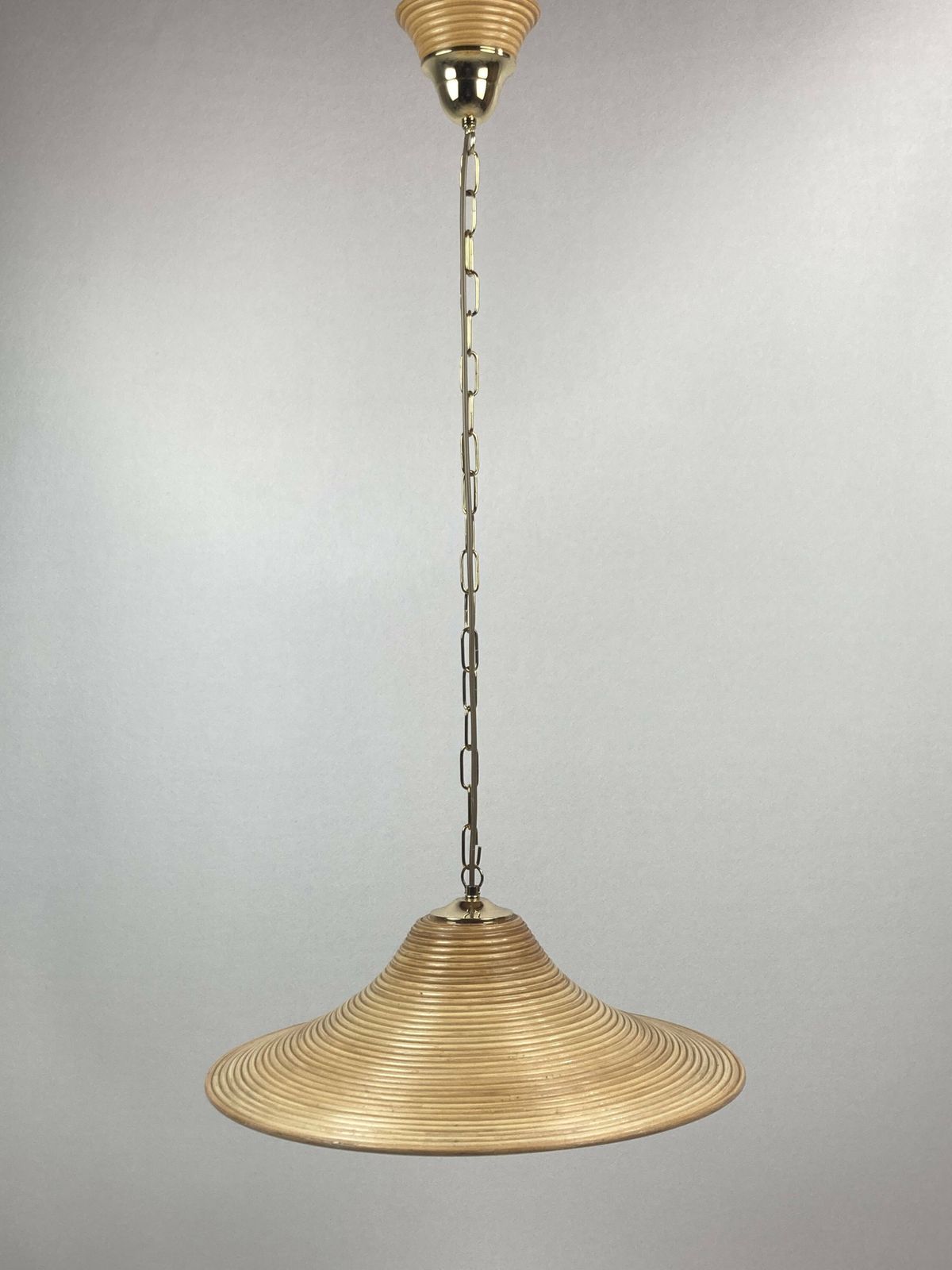 photo vintage Pencil Split Reed, Rattan, Bamboo & Brass Pendant Hanging Lamp, Italy, 1970s