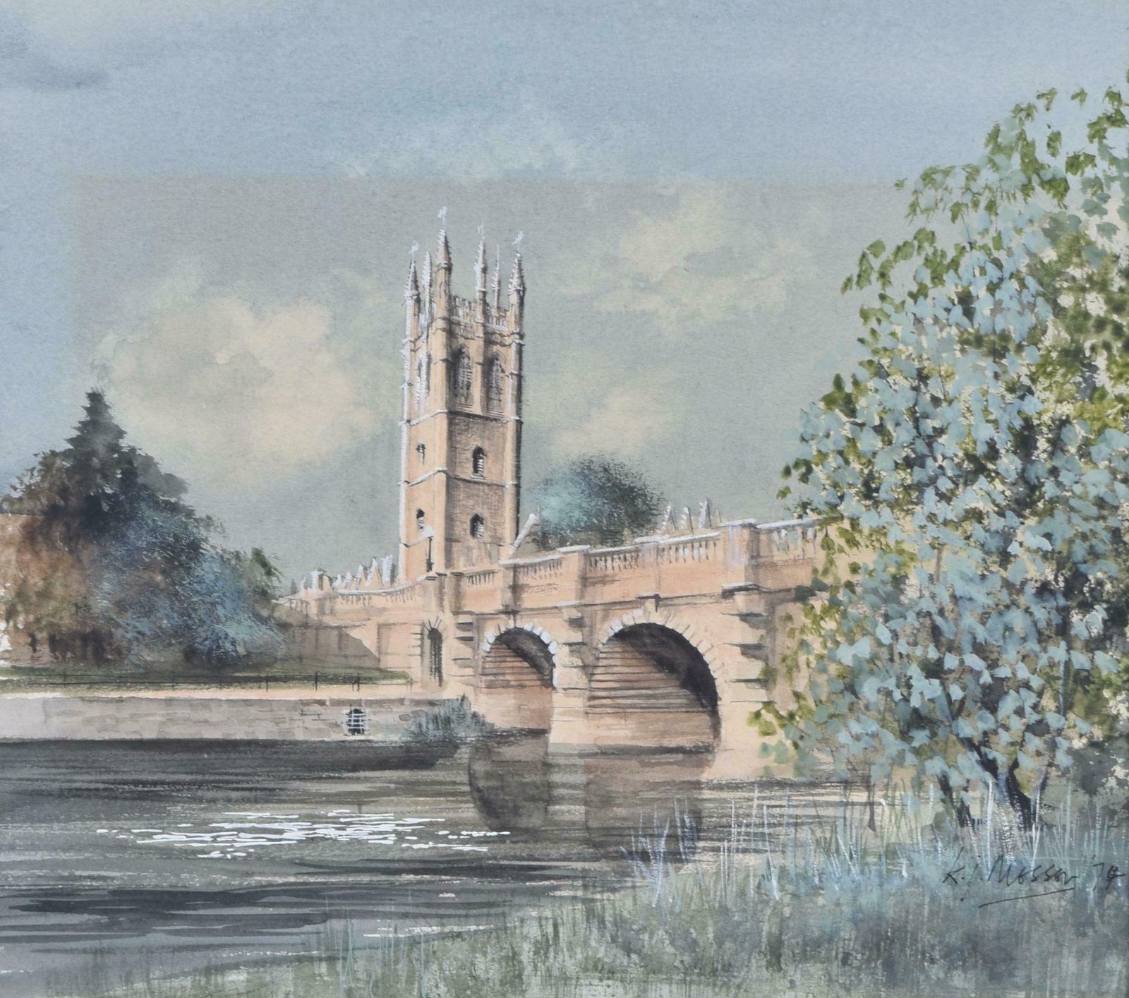 Ken Messer Magdalen Bridge, Oxford Magdalen College Watercolour By Ken Messer 1974