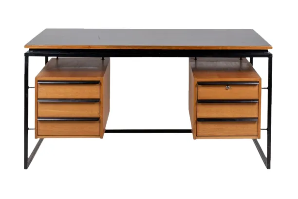 photo for sale Desk In Oak And Lacquered Metal, 1970s