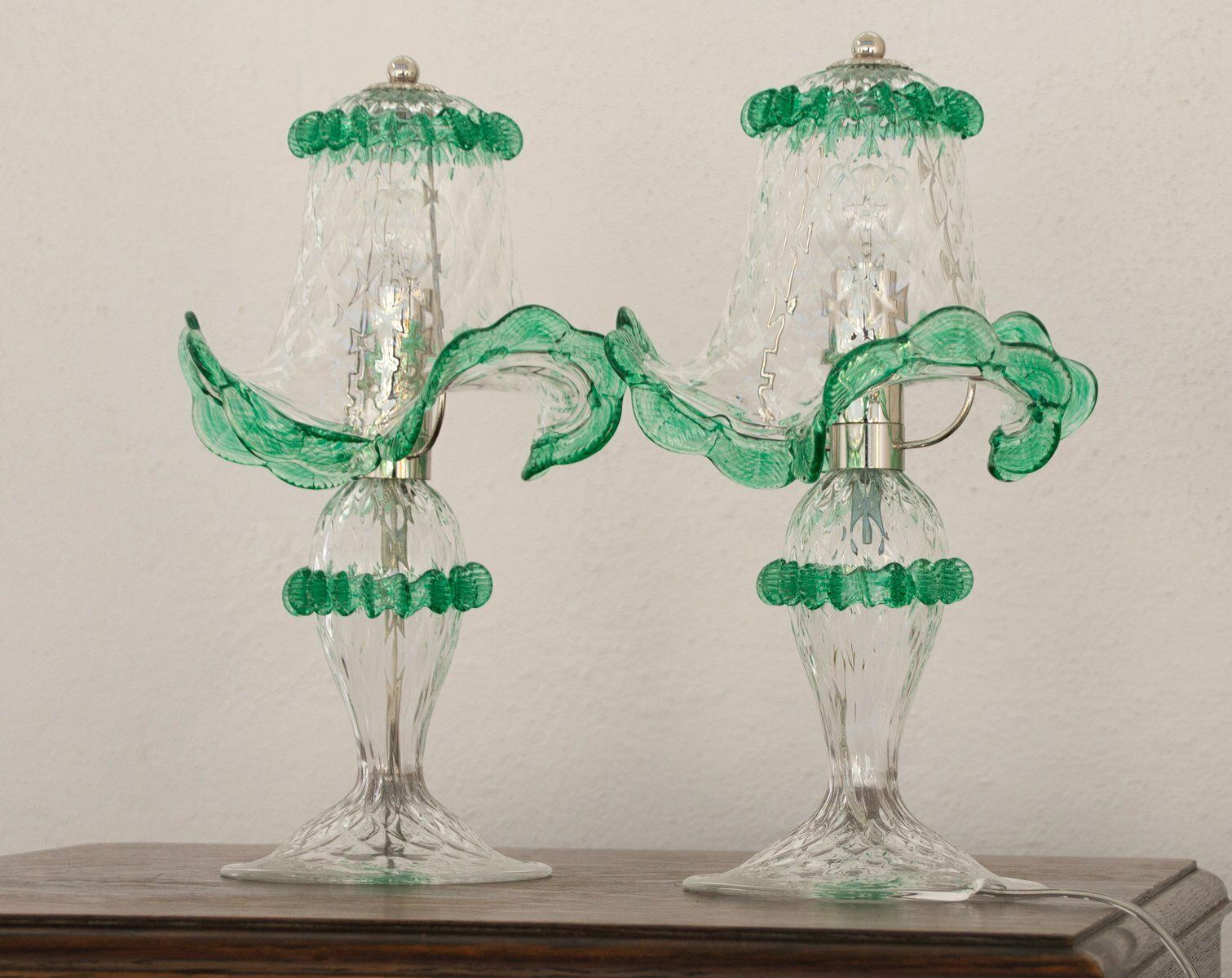 Transparent And Green Murano Glass Table Lamps, Early 21st Century, Set Of 2 photo for sale