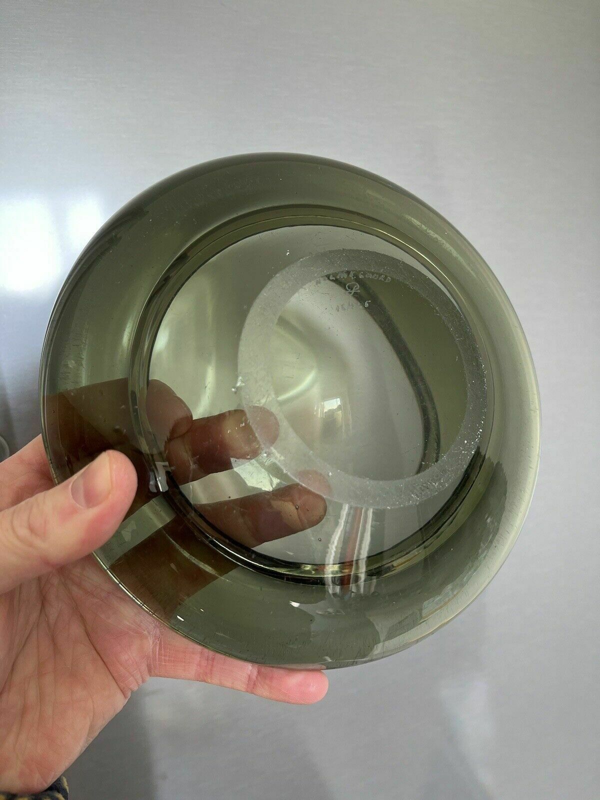 Signed 1950's Danish Holmegaard Per Lutken Smoke Grey Glass Scandi 2kg Bowl Dish photo buy