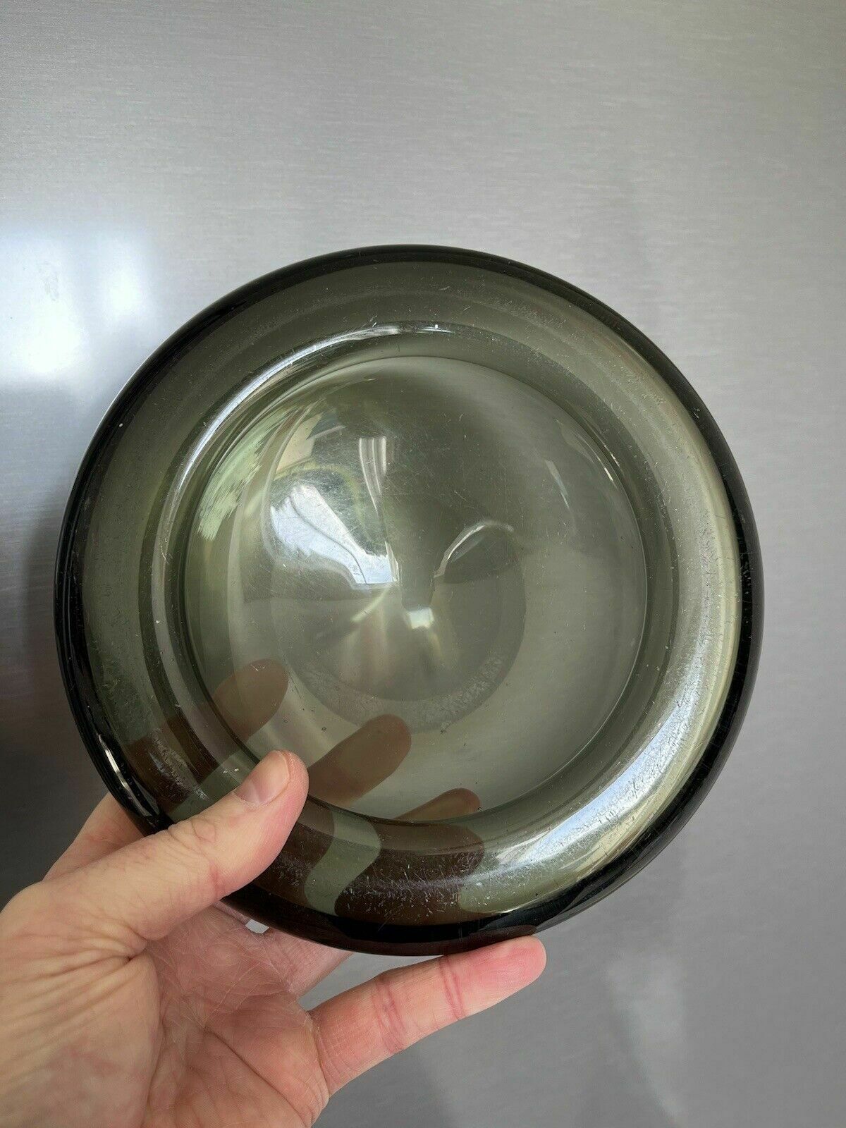 Signed 1950's Danish Holmegaard Per Lutken Smoke Grey Glass Scandi 2kg Bowl Dish photo vintage