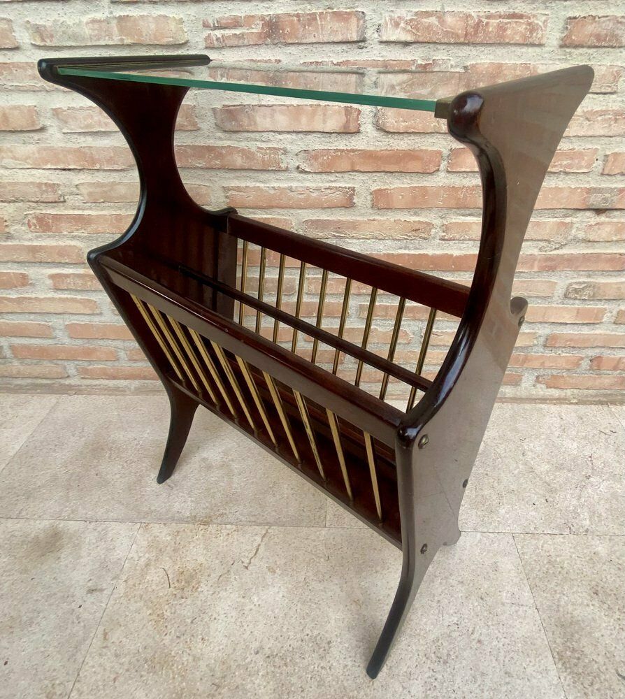 Vintage French Glass And Wood Folio Stand Magazine Rack, 1950s photo Home Decor