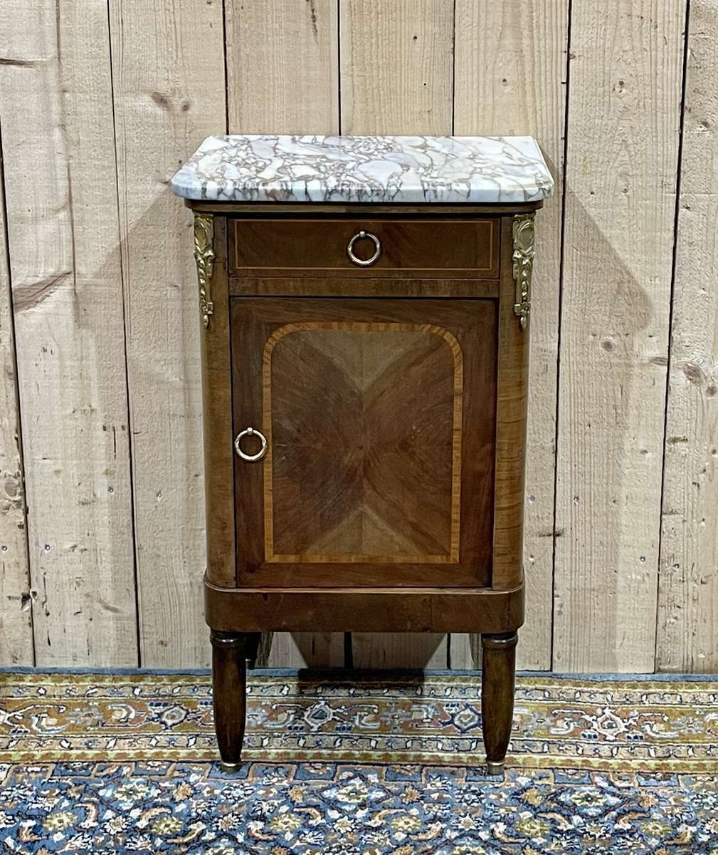 Nightstand In Marquetry And White Marble, Early 20th Century