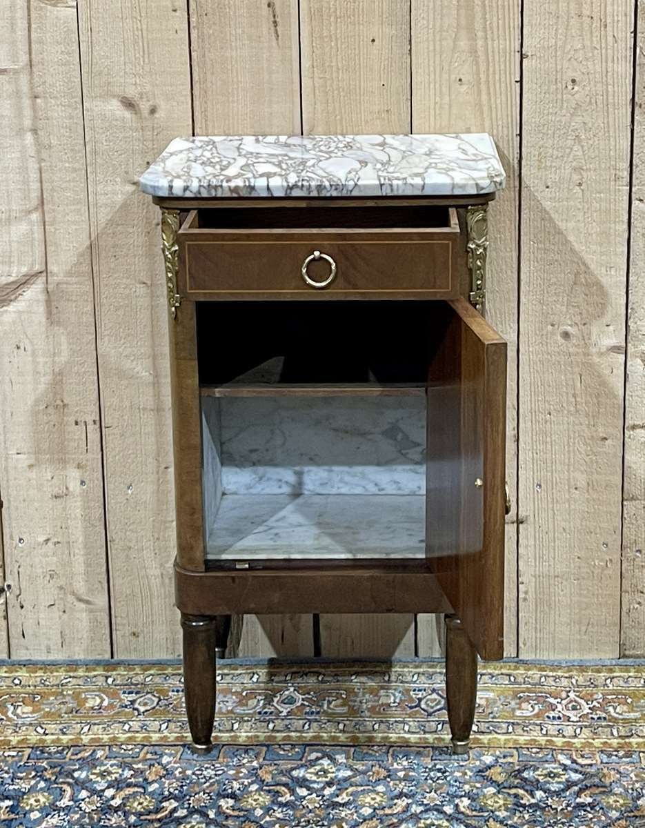Nightstand In Marquetry And White Marble, Early 20th Century photo for sale