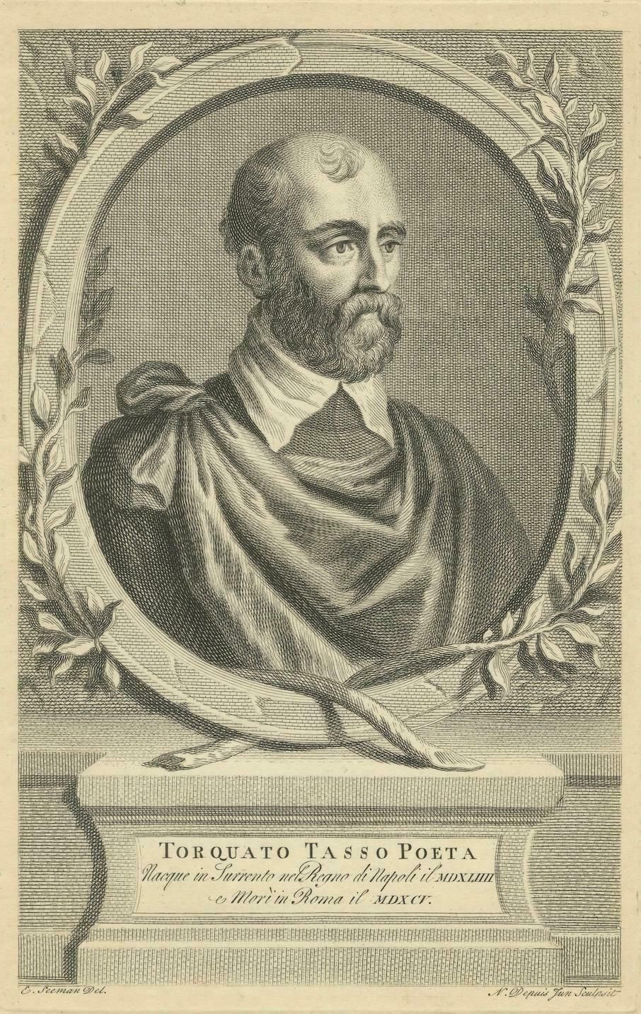 Engraving Of Torquato Tasso, Prominent Italian Poet Of The 16th Century, 1724 photo for sale