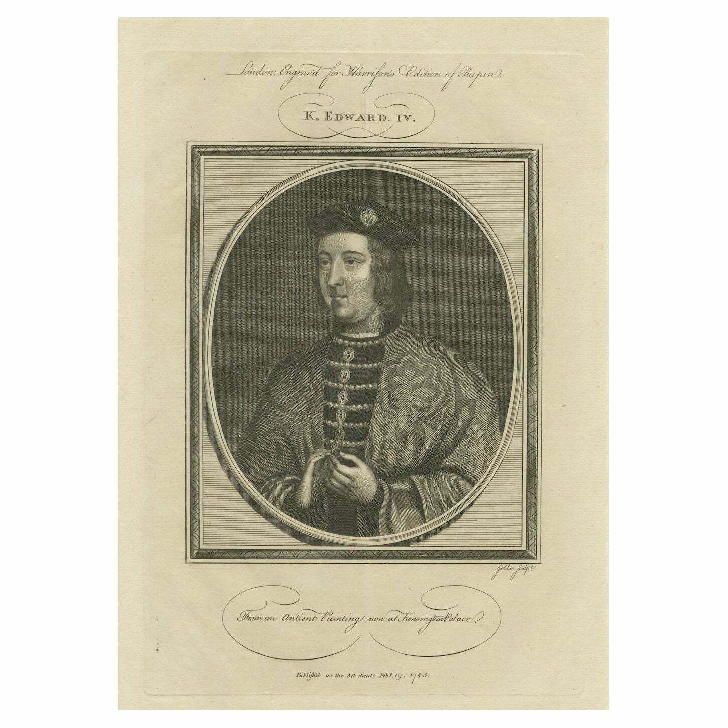 Elegant 1786 Engraved Portrait Of King Edward IV   Royal Majesty