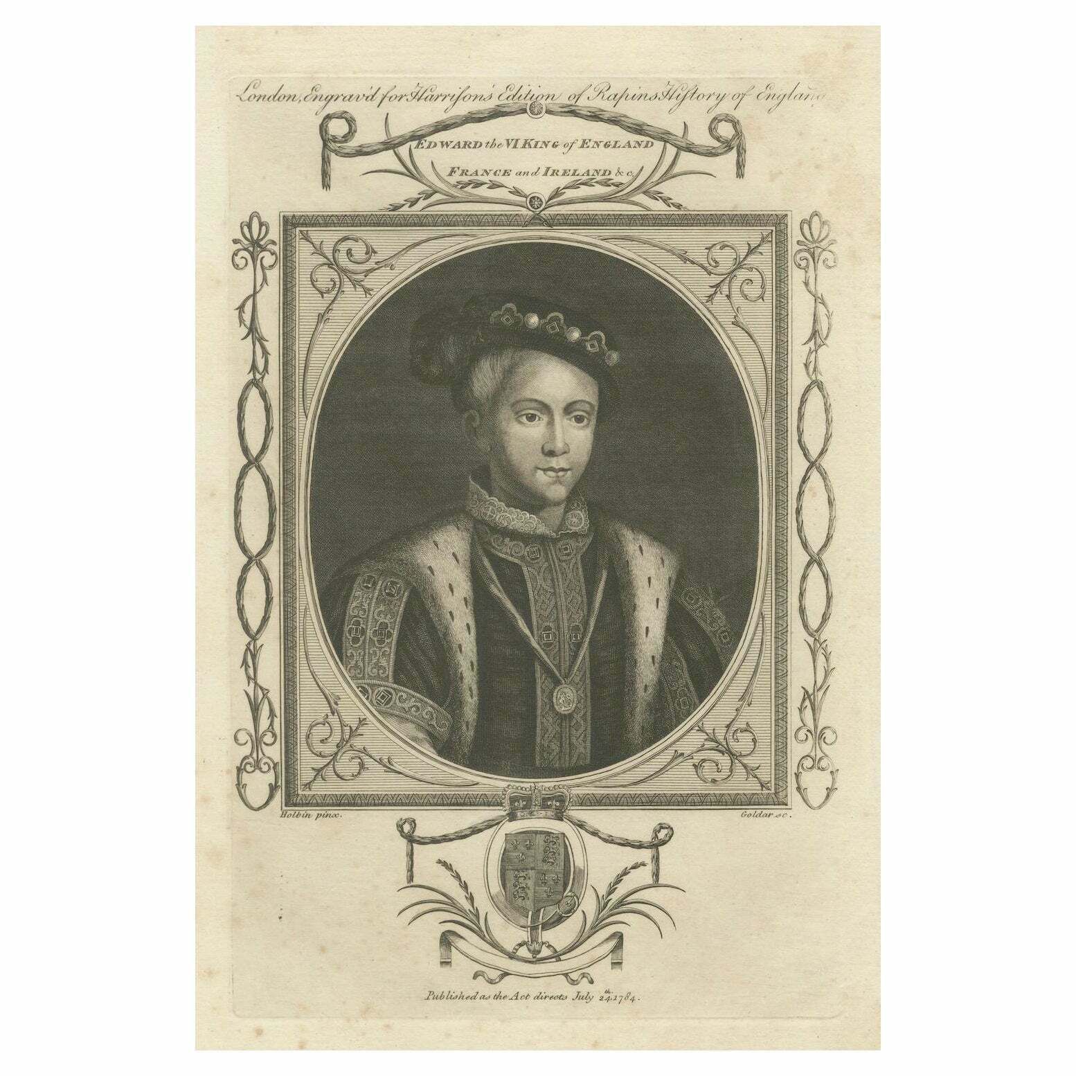 1784 Engraved Portrait Of Edward VI   Young English Monarch