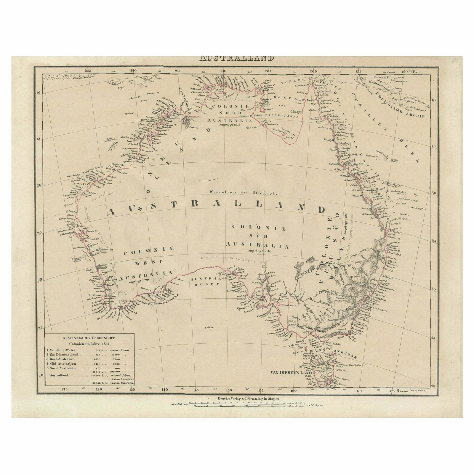 Detailed German Map Of Australia Including Statistics Of 1841, Published In 1854