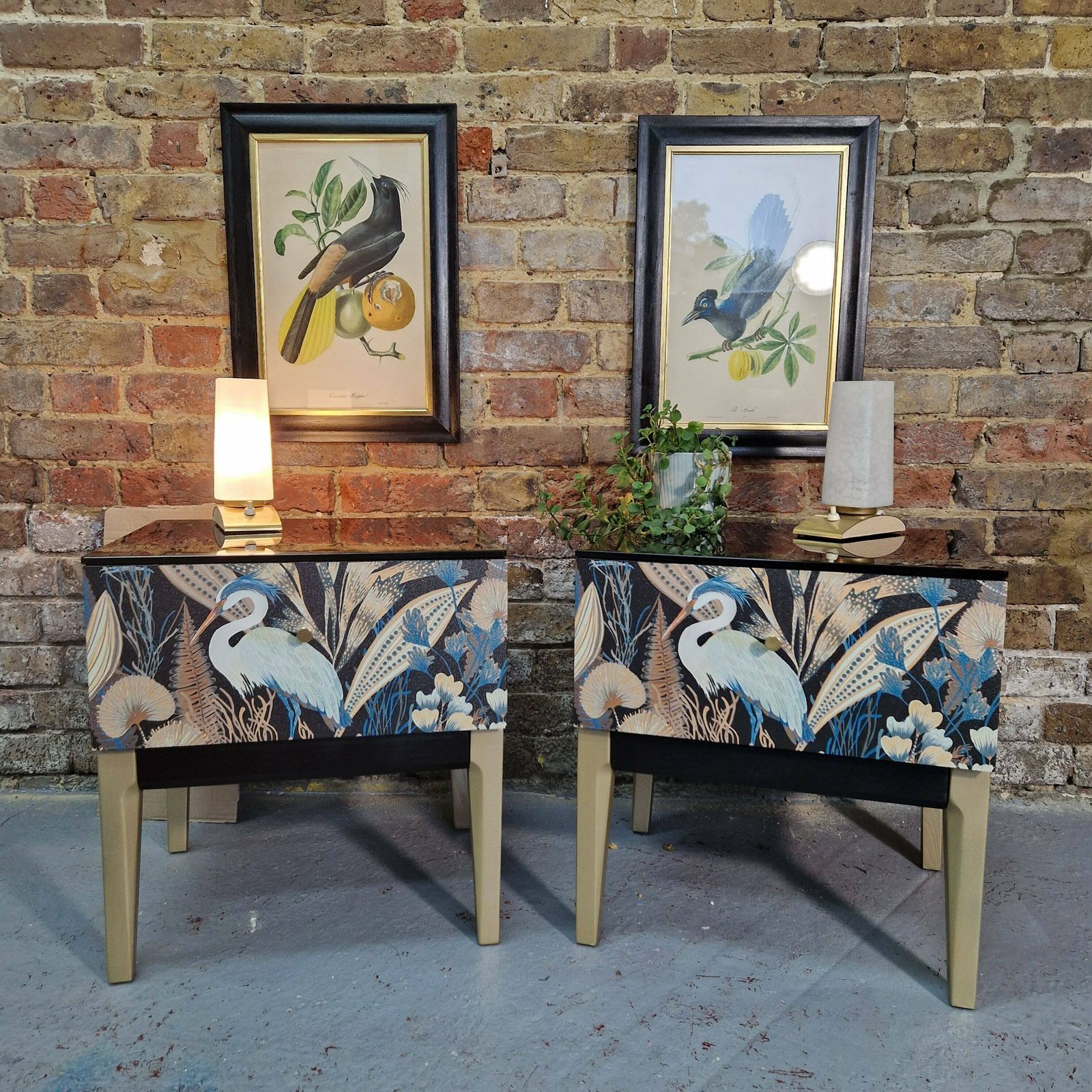 Chic Mid Century Style Bedside Tables Nightstands, Heron Pattern Design, Vintage Inspired Nightstand Set, Artisan Crafted Mid Century Tables photo furniture