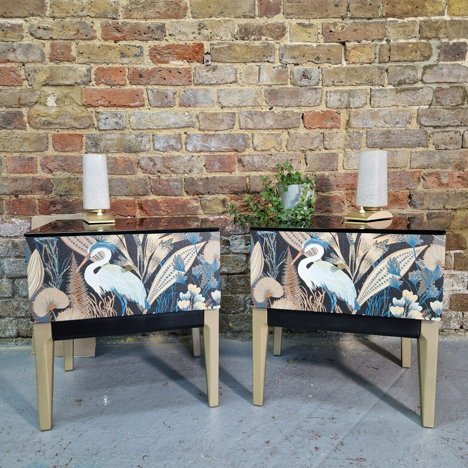Chic Mid Century Style Bedside Tables Nightstands, Heron Pattern Design, Vintage Inspired Nightstand Set, Artisan Crafted Mid Century Tables photo for sale