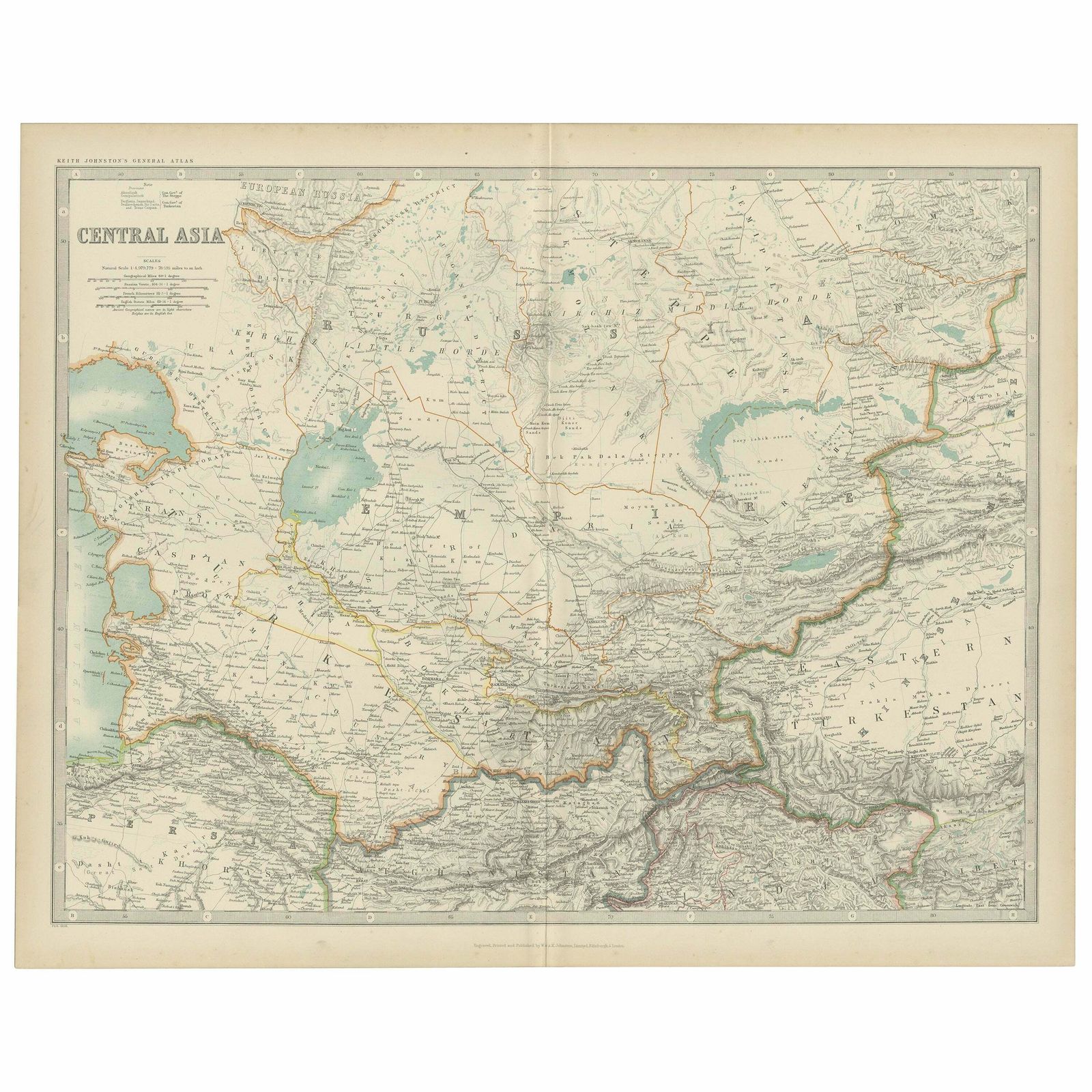 Antique Map Of Central Asia By Johnston '1909'