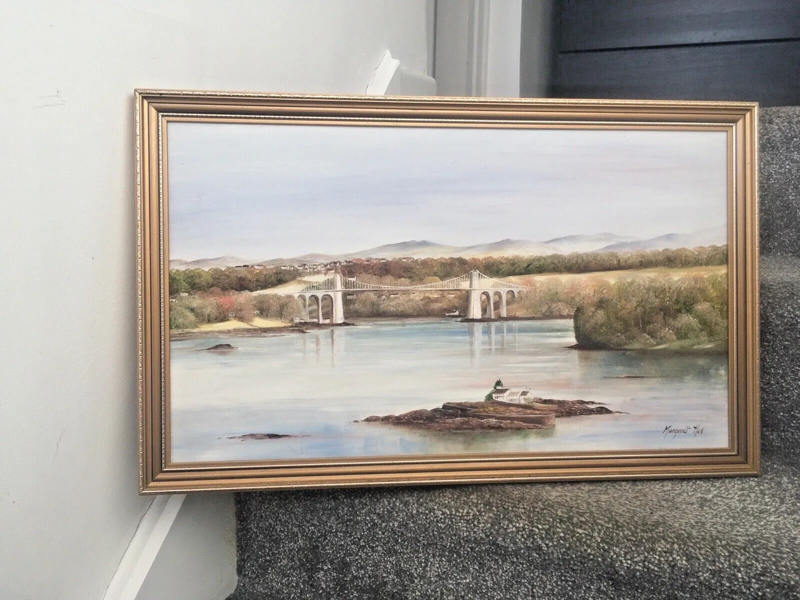 Original Margaret Hall Framed Oil Painting Menai Suspension Bridge Anglesey Snowdonia View photo furniture