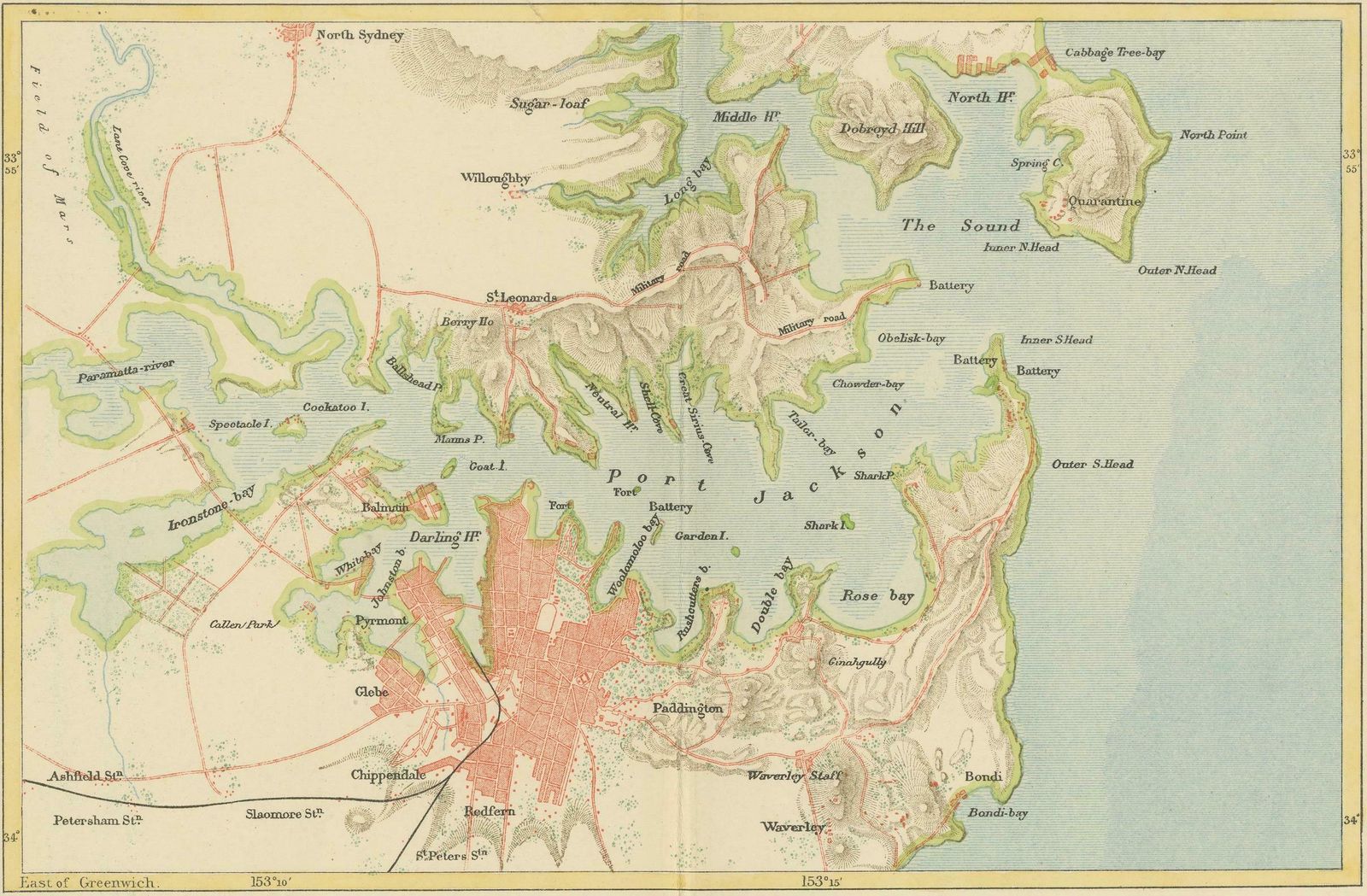 Antique Map Depicting Sydney And Surrounding Areas, Known As Port Jackson, C1889 photo vintage