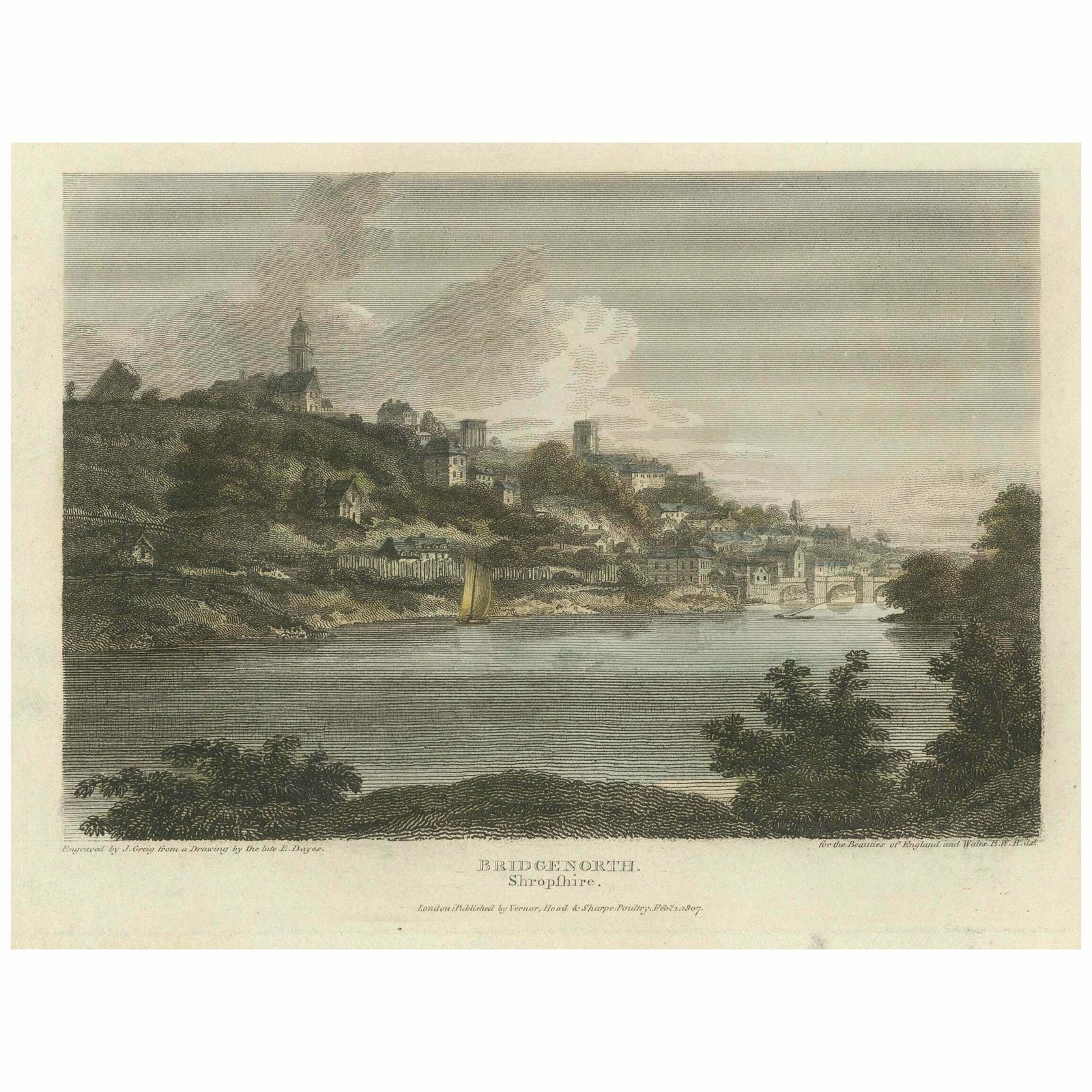 Engraved View Of Bridgnorth, A Town In Shropshire, England, 1807