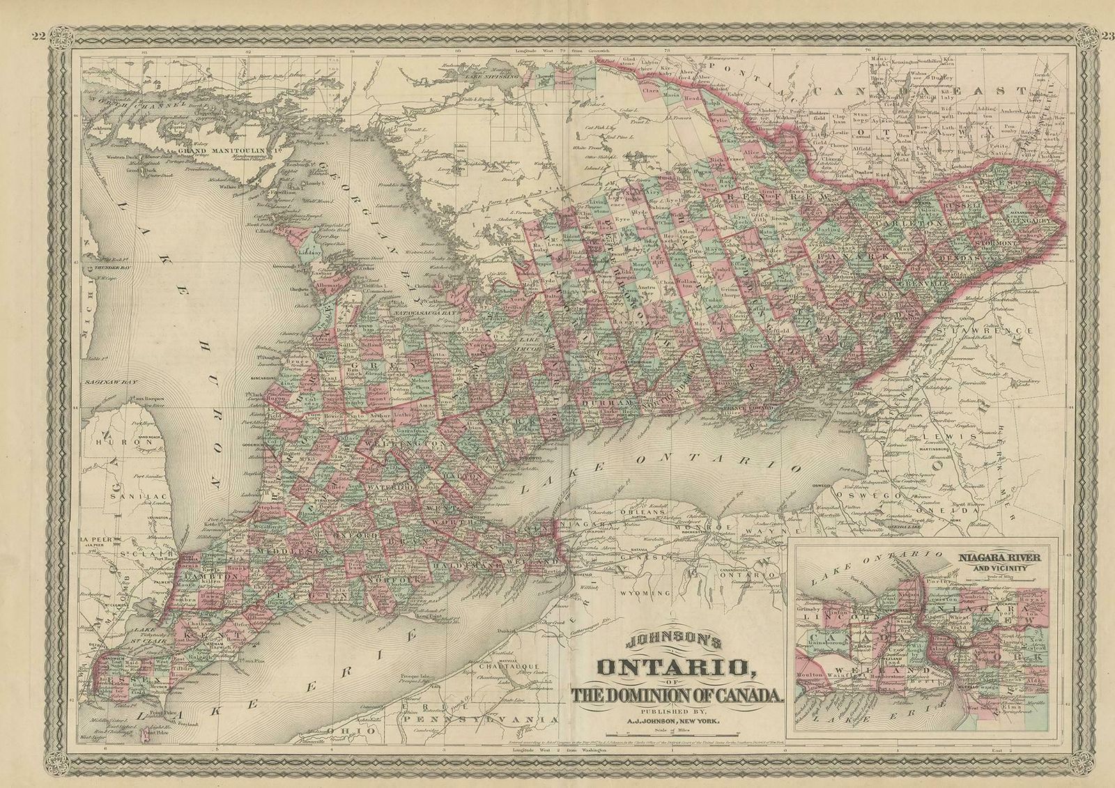 Antique Map Of Ontario With An Inset Map Of The Niagara River By Johnson, 1872 photo furniture