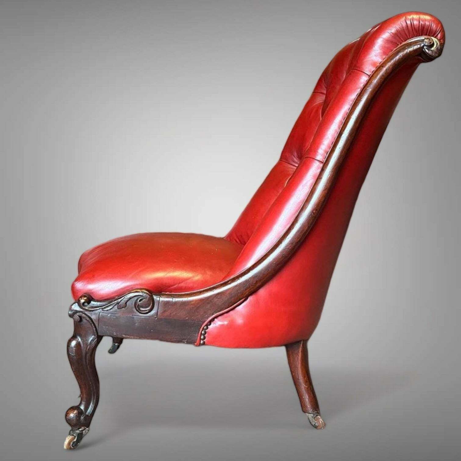 Beautiful Antique Aged Leather Gillows Slipper Chair Exceptional Quality & Form With Hand Carved Mahogany Frame 1880 photo furniture