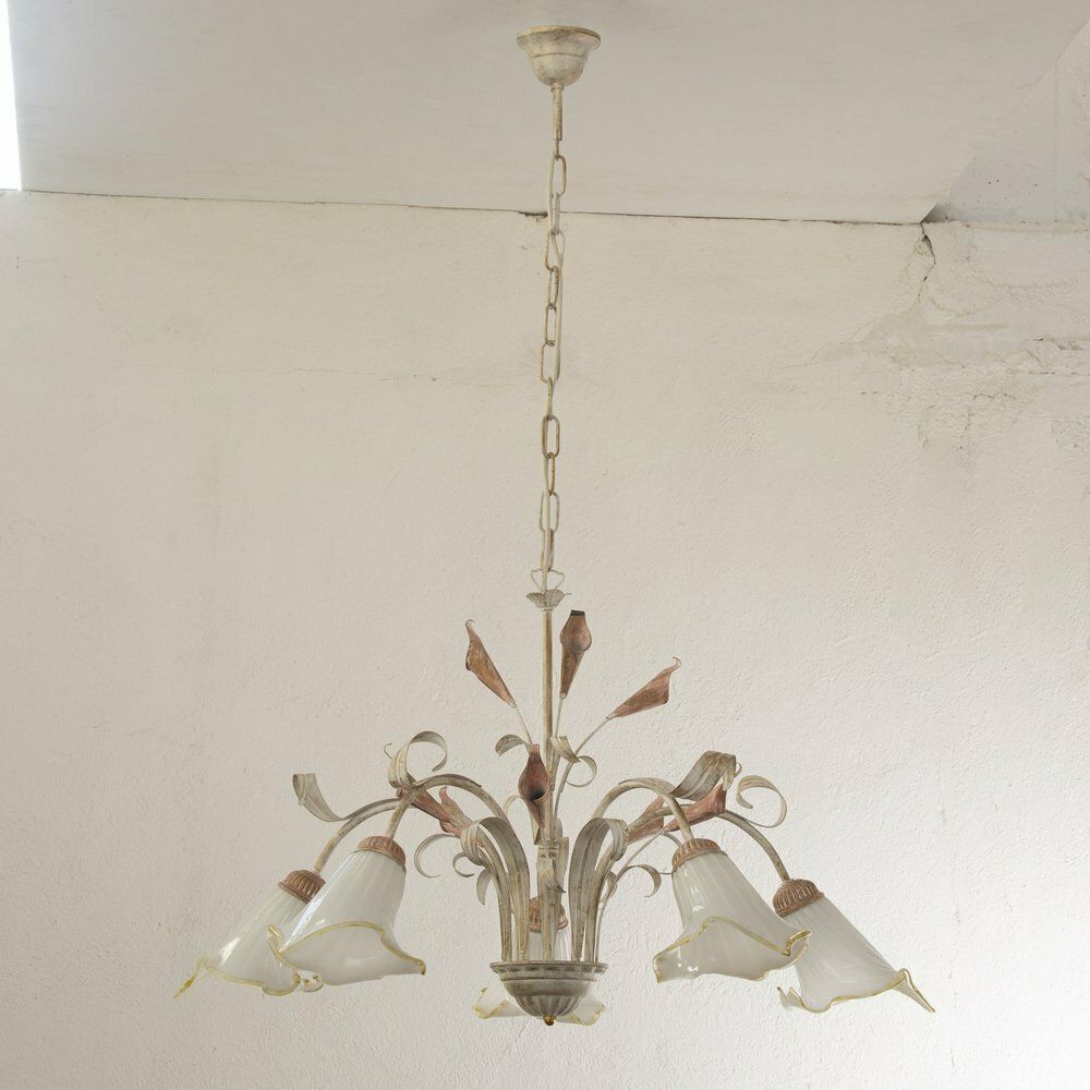 5 Light Pendant Chandelier In White Murano Glass And Handmade Brass Structure, Italy, 1980s photo for sale