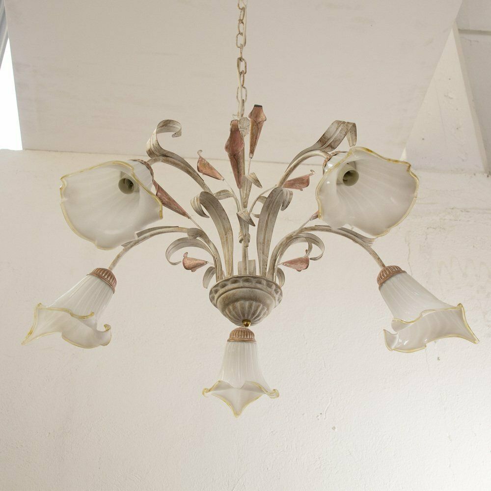 5 Light Pendant Chandelier In White Murano Glass And Handmade Brass Structure, Italy, 1980s photo 453.0