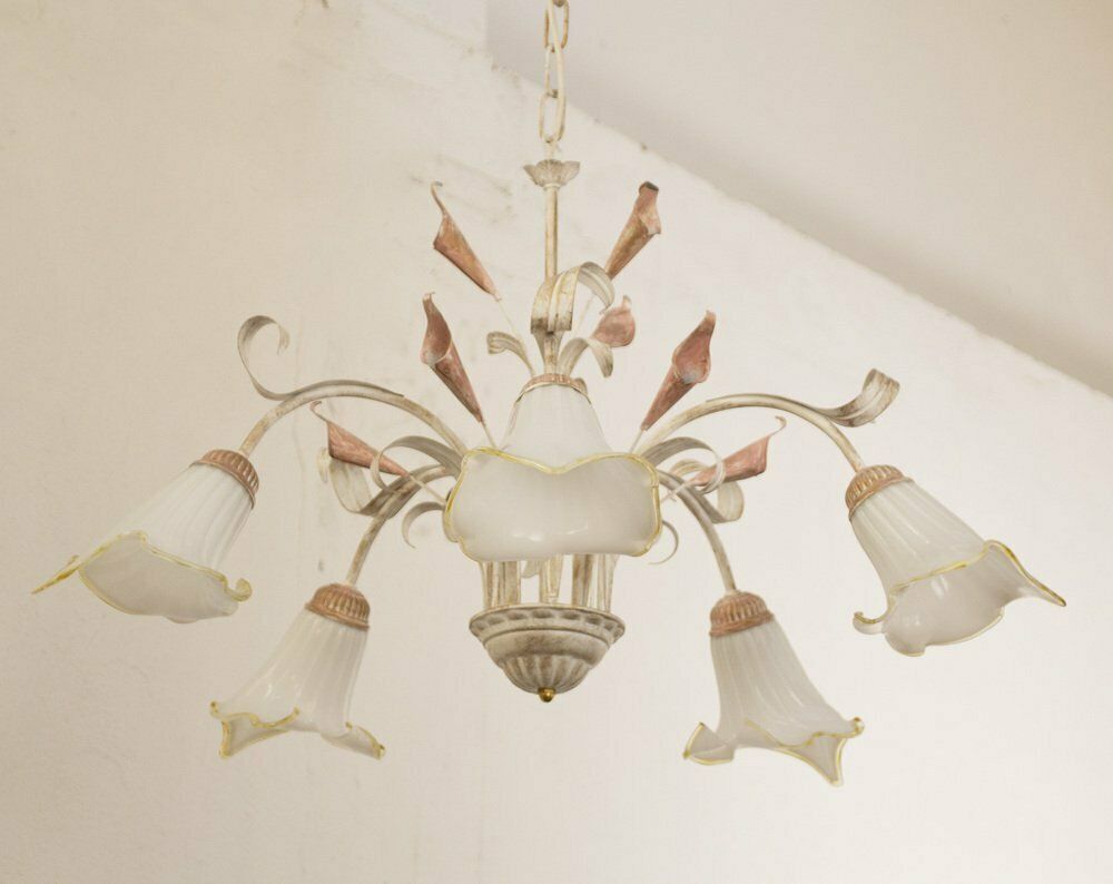 5 Light Pendant Chandelier In White Murano Glass And Handmade Brass Structure, Italy, 1980s photo vinterior