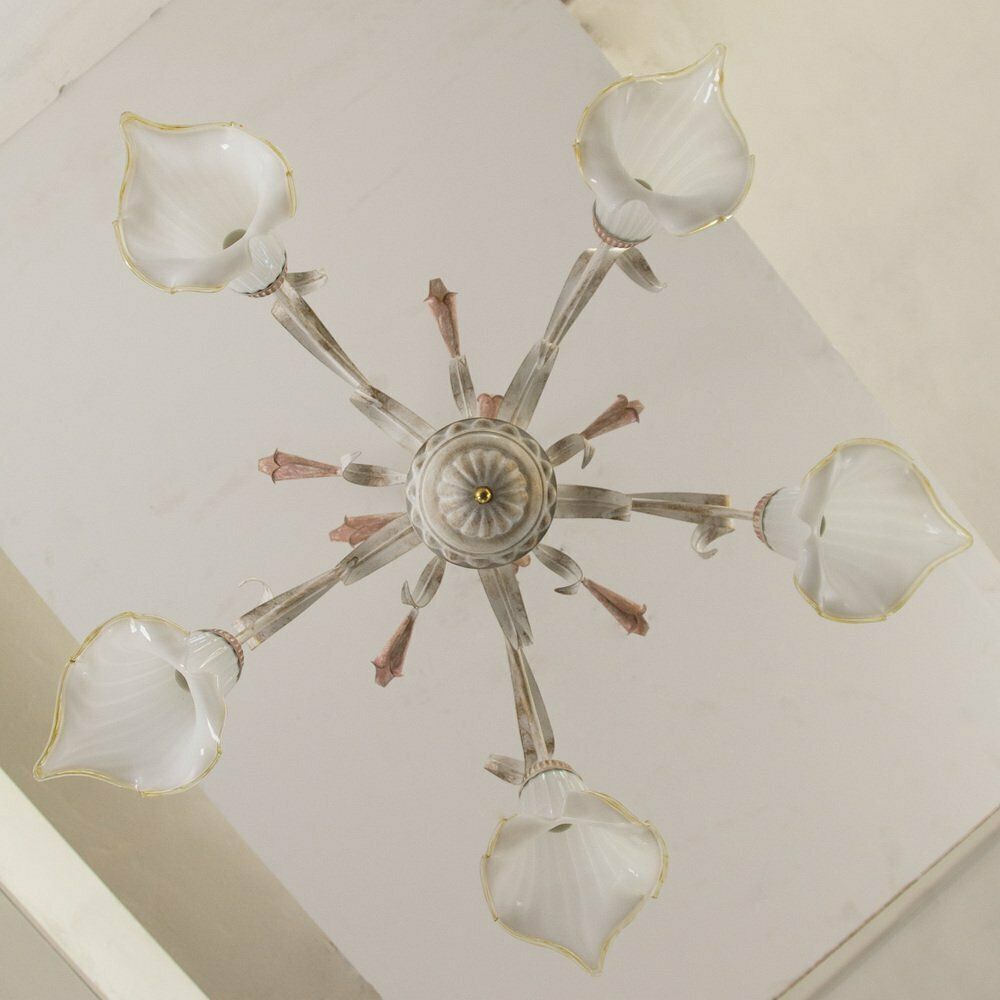 5 Light Pendant Chandelier In White Murano Glass And Handmade Brass Structure, Italy, 1980s photo buy