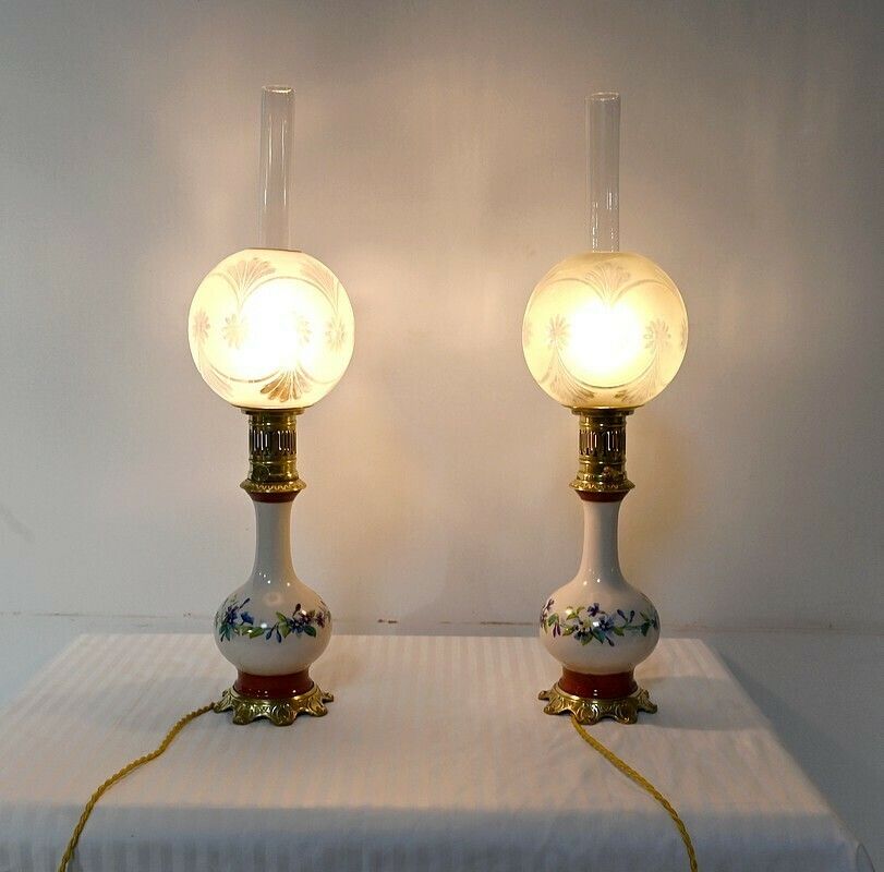 Pair Of Porcelain Oil Lamps, Electrified,  Late 19th Century photo furniture