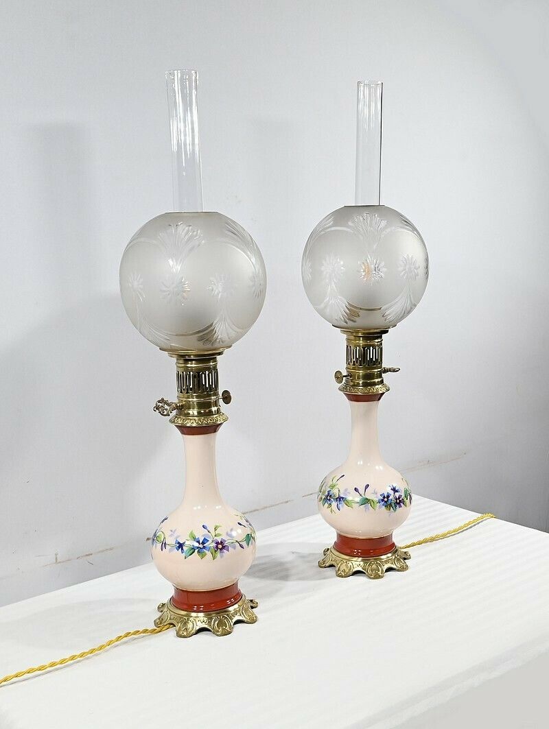 Pair Of Porcelain Oil Lamps, Electrified,  Late 19th Century photo for sale