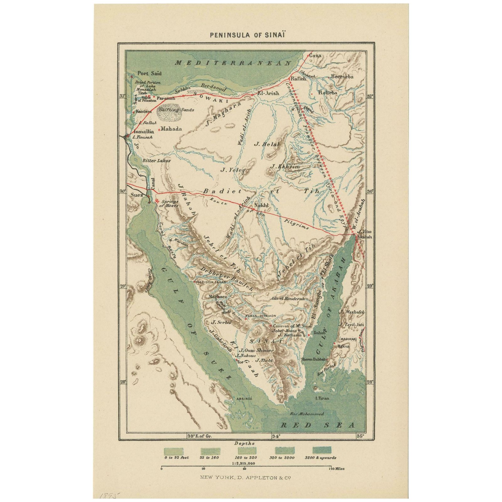Antique Map Of The Sinai Peninsula, '1895'
