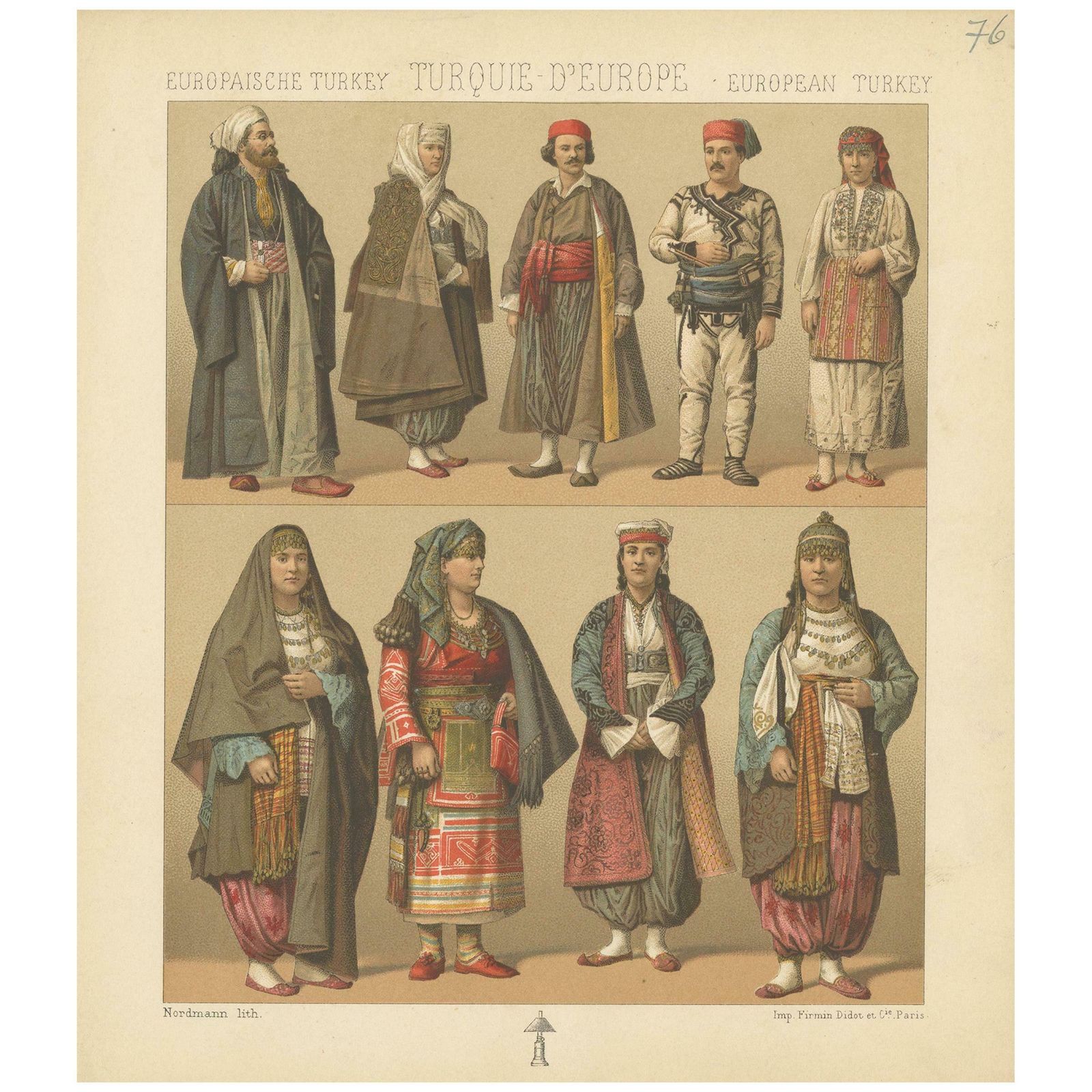 Pl. 76 Antique Print Of European Turkish Costumes By Racinet, 'Circa 1880