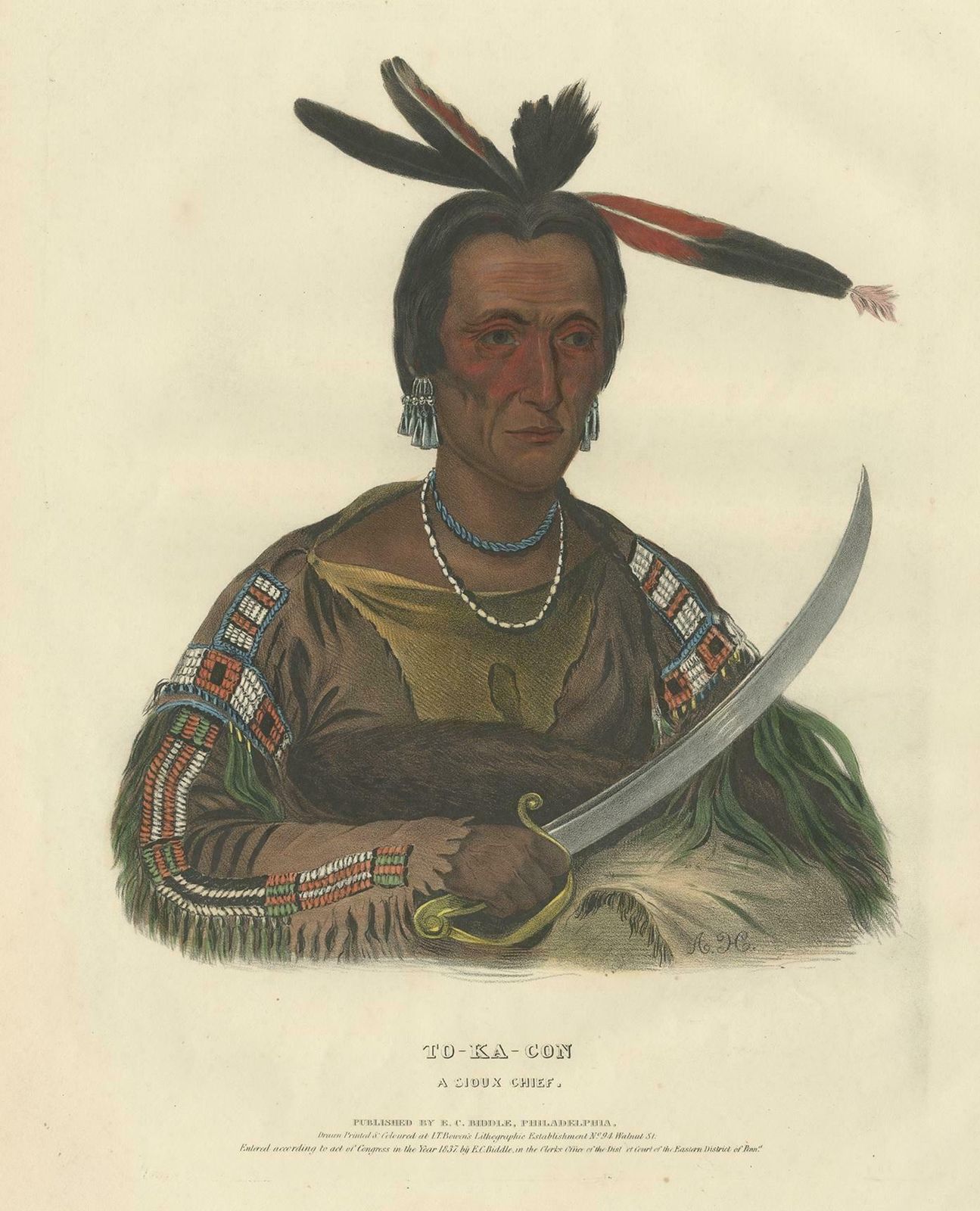 Antique Print Of Tokacou 'Yankton Sioux Warrior' By Mckenney, '1836' photo Art