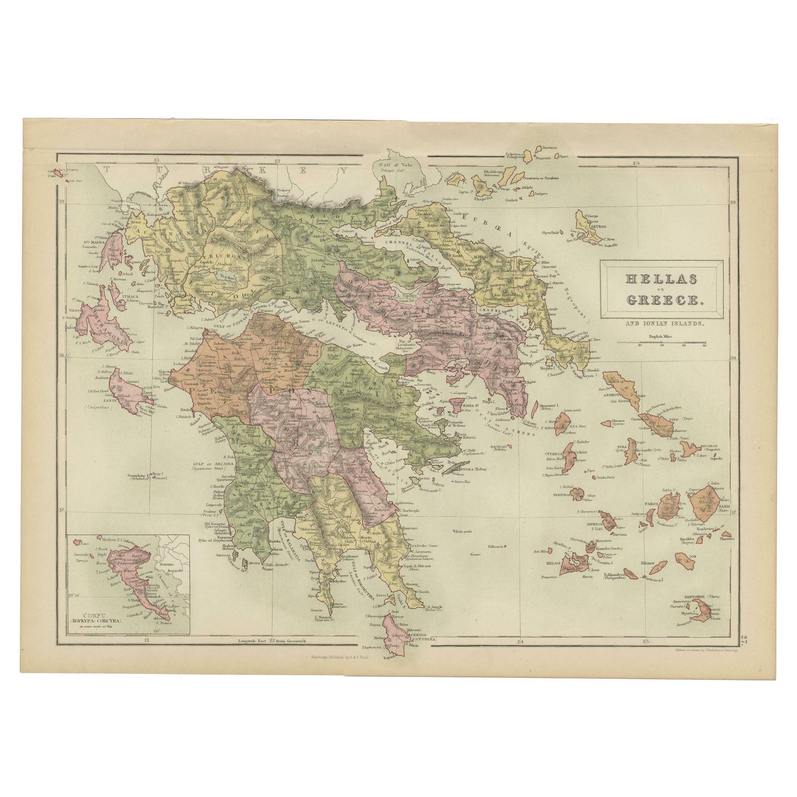 Antique Map Of Greece And Ionian Islands By A & C. Black, 1870