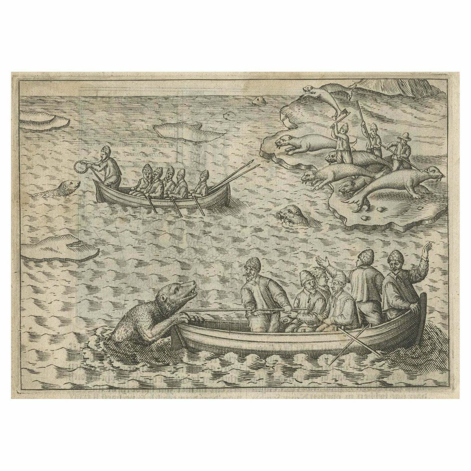 Rare Map Of Kildin Island In Russia Plus Engraving Of Seal Hunting, 1614